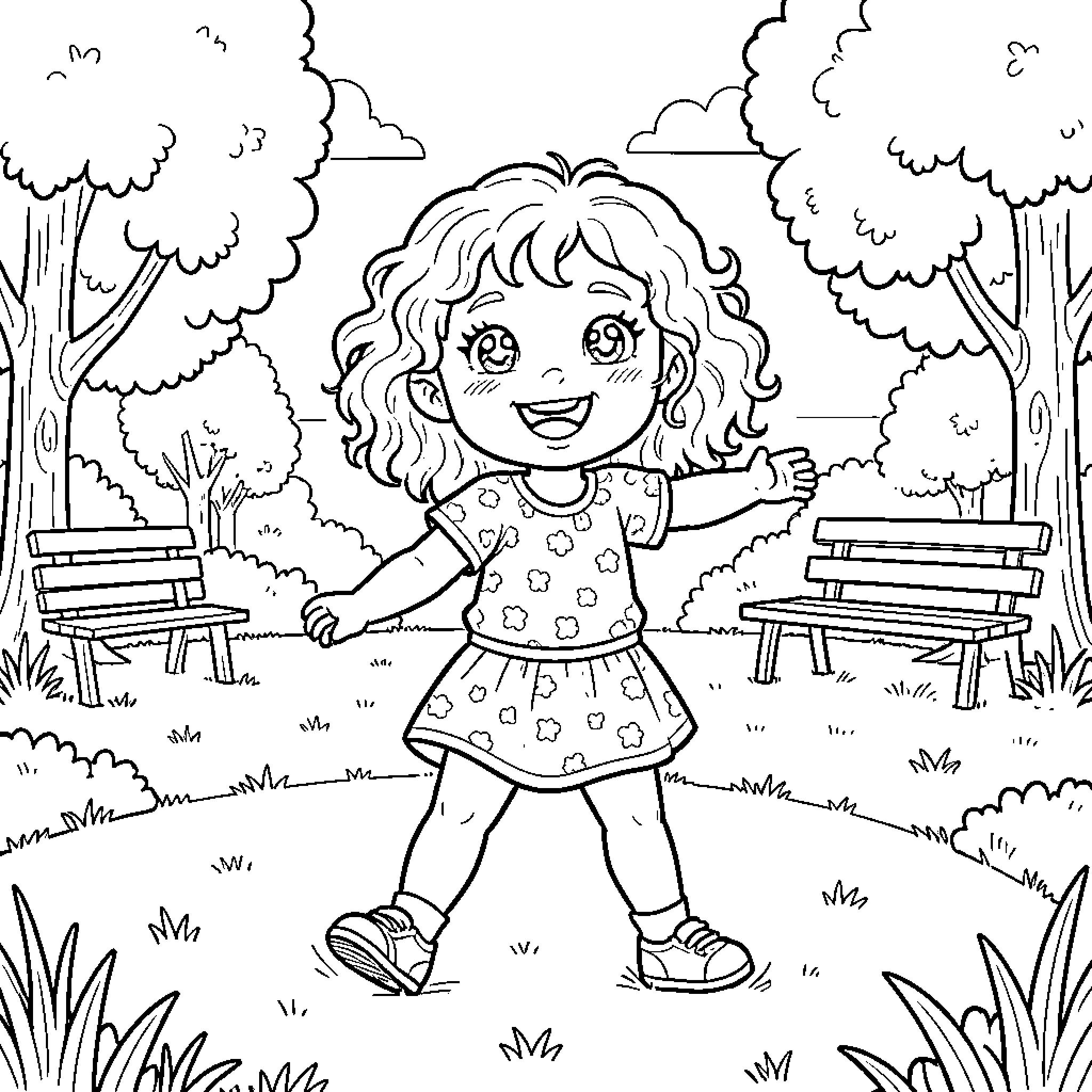 Bebe Finn enjoying a sunny day at the park Coloring Page (free black-and-white line drawing printable PDF for all, from beginners to advanced learners, including children, teens, adults, and seniors)