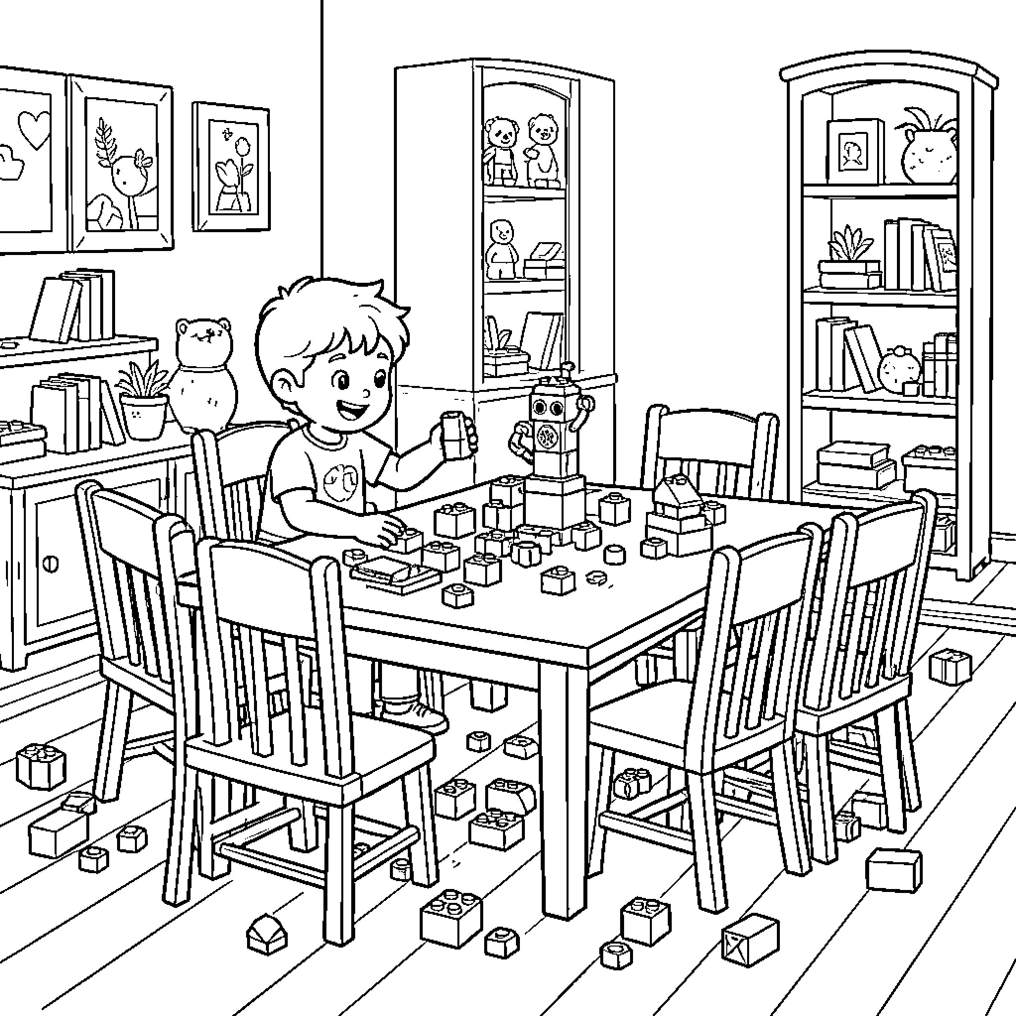 Niño playing with toys at the table Coloring Page (free black-and-white line drawing printable PDF for all, from beginners to advanced learners, including children, teens, adults, and seniors)