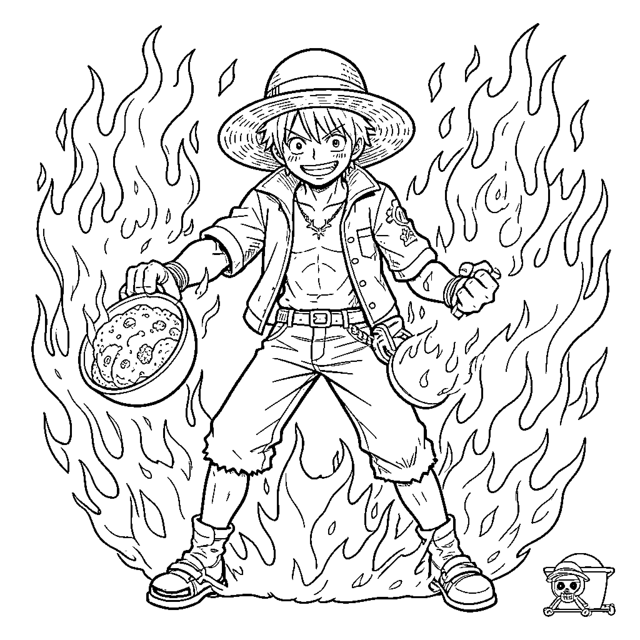 Sanji inspired character holding bowls amidst swirling flames Coloring Page (free black-and-white line drawing printable PDF for all, from beginners to advanced learners, including children, teens, adults, and seniors)