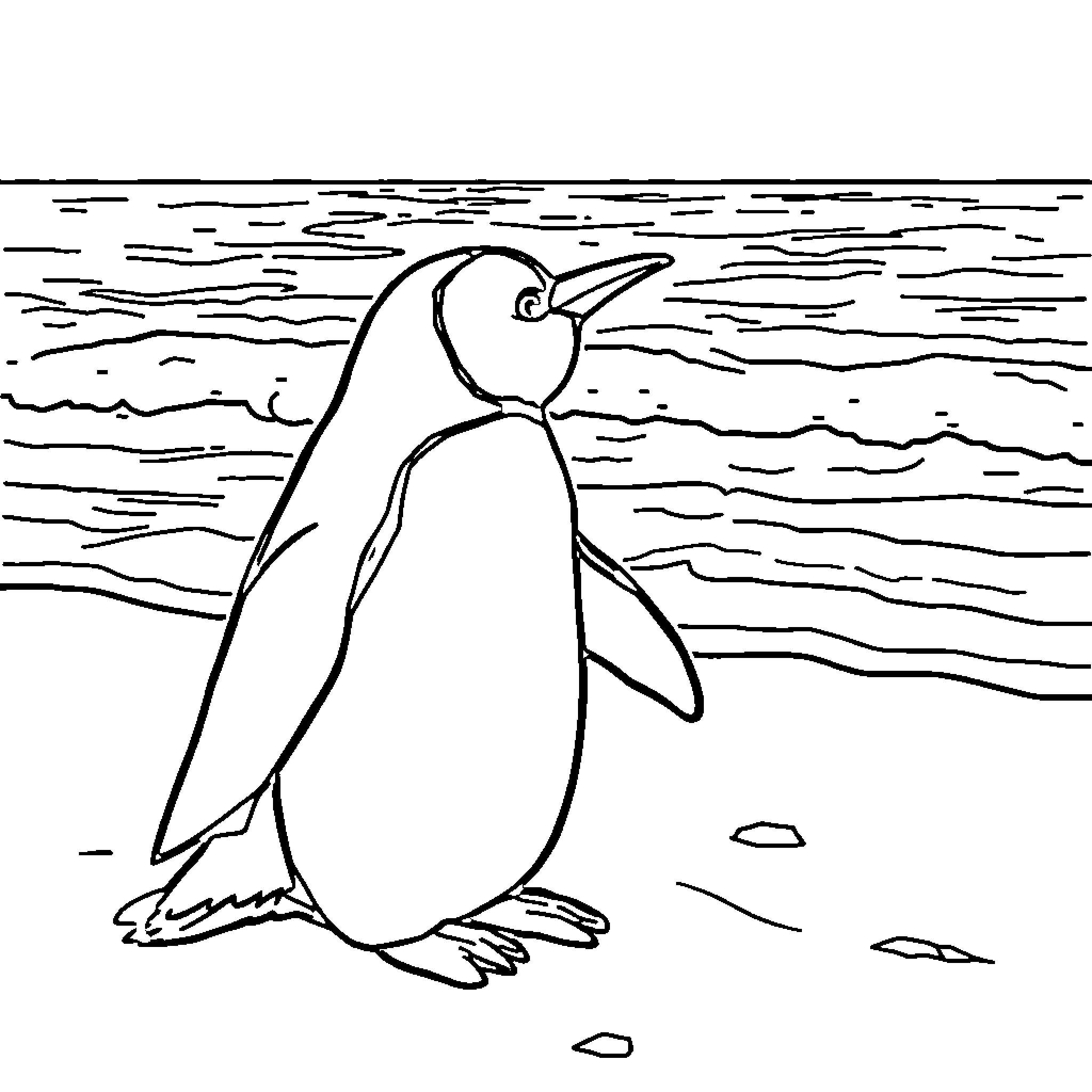 Penguin standing on snowy shore Coloring Page (free black-and-white line drawing printable PDF for all, from beginners to advanced learners, including children, teens, adults, and seniors)