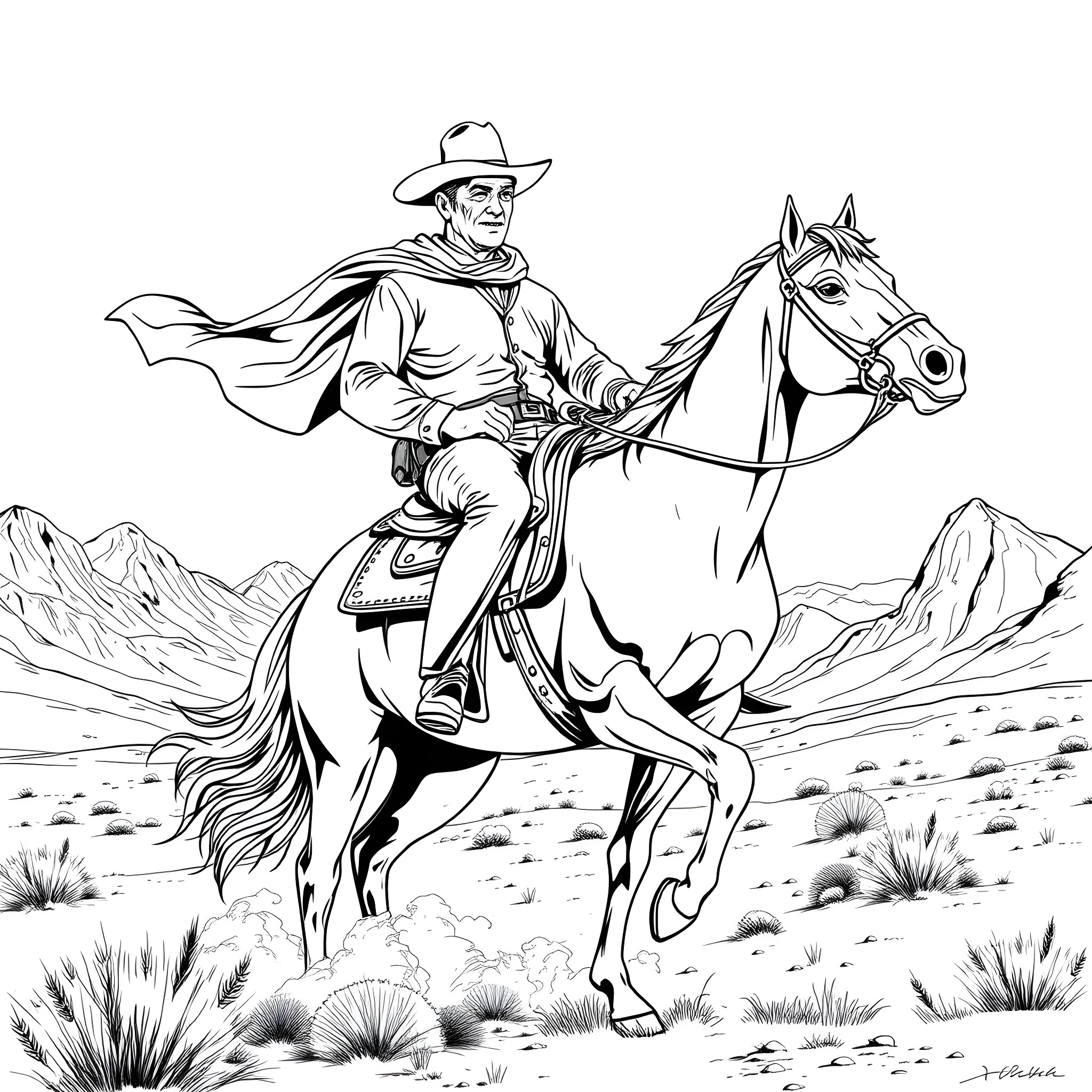 John Wayne Riding Heroically on Horseback in the Desert Coloring Page (free black-and-white line drawing printable PDF for all, from beginners to advanced learners, including children, teens, adults, and seniors)