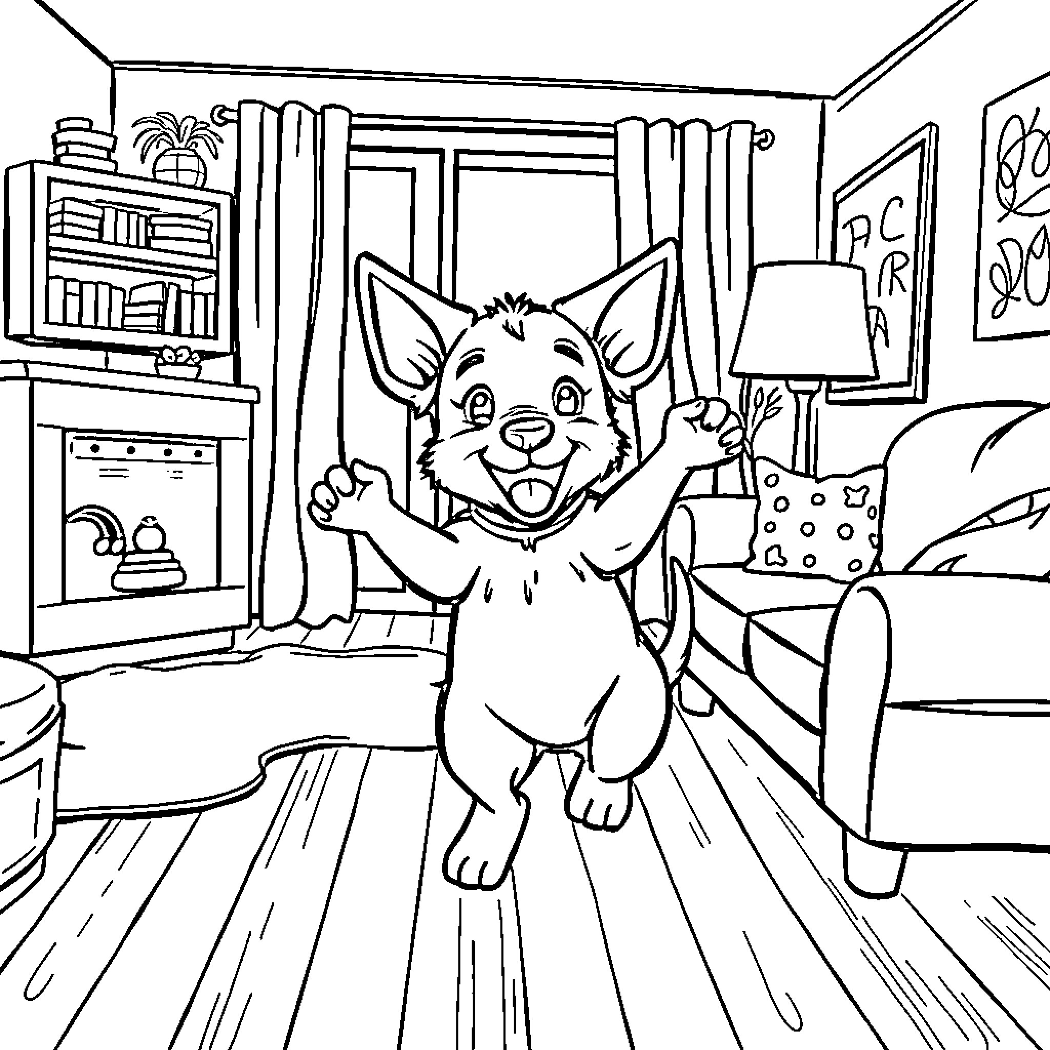 Bluey playfully exploring the living room Coloring Page (free black-and-white line drawing printable PDF for all, from beginners to advanced learners, including children, teens, adults, and seniors)