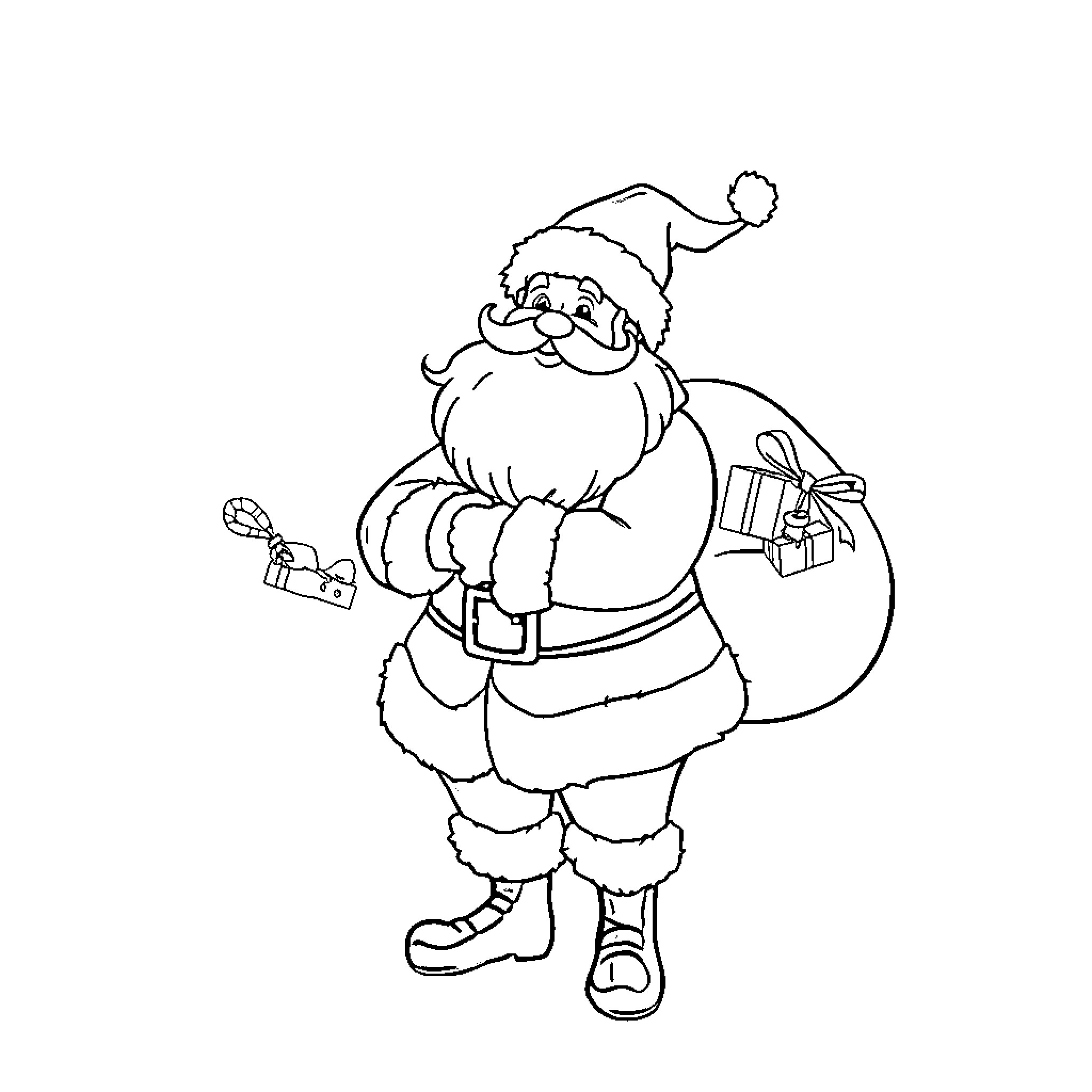 Santa Claus carrying sack of gifts Coloring Page (free black-and-white line drawing printable PDF for all, from beginners to advanced learners, including children, teens, adults, and seniors)