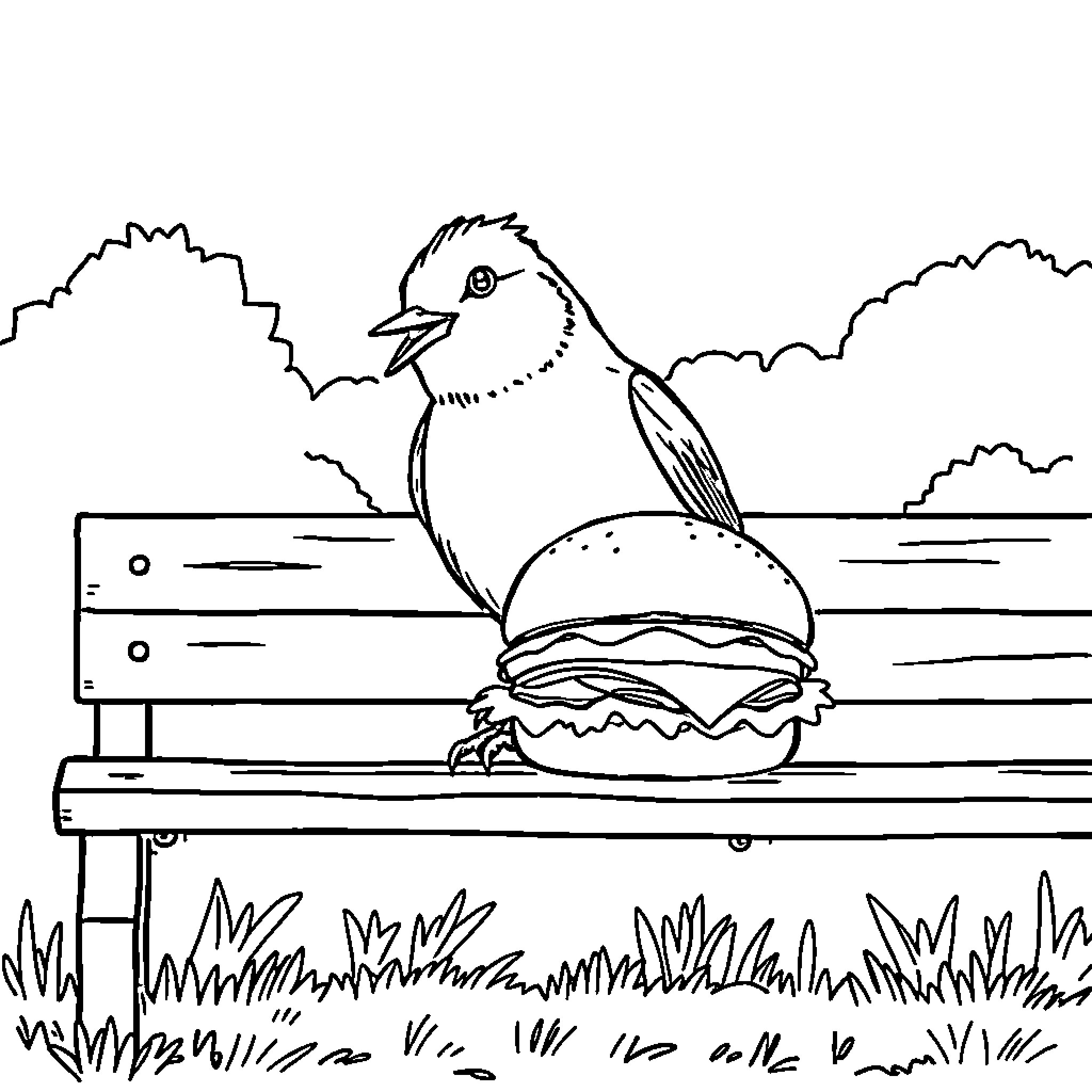 Bird enjoying a burger on a park bench Coloring Page (free black-and-white line drawing printable PDF for all, from beginners to advanced learners, including children, teens, adults, and seniors)