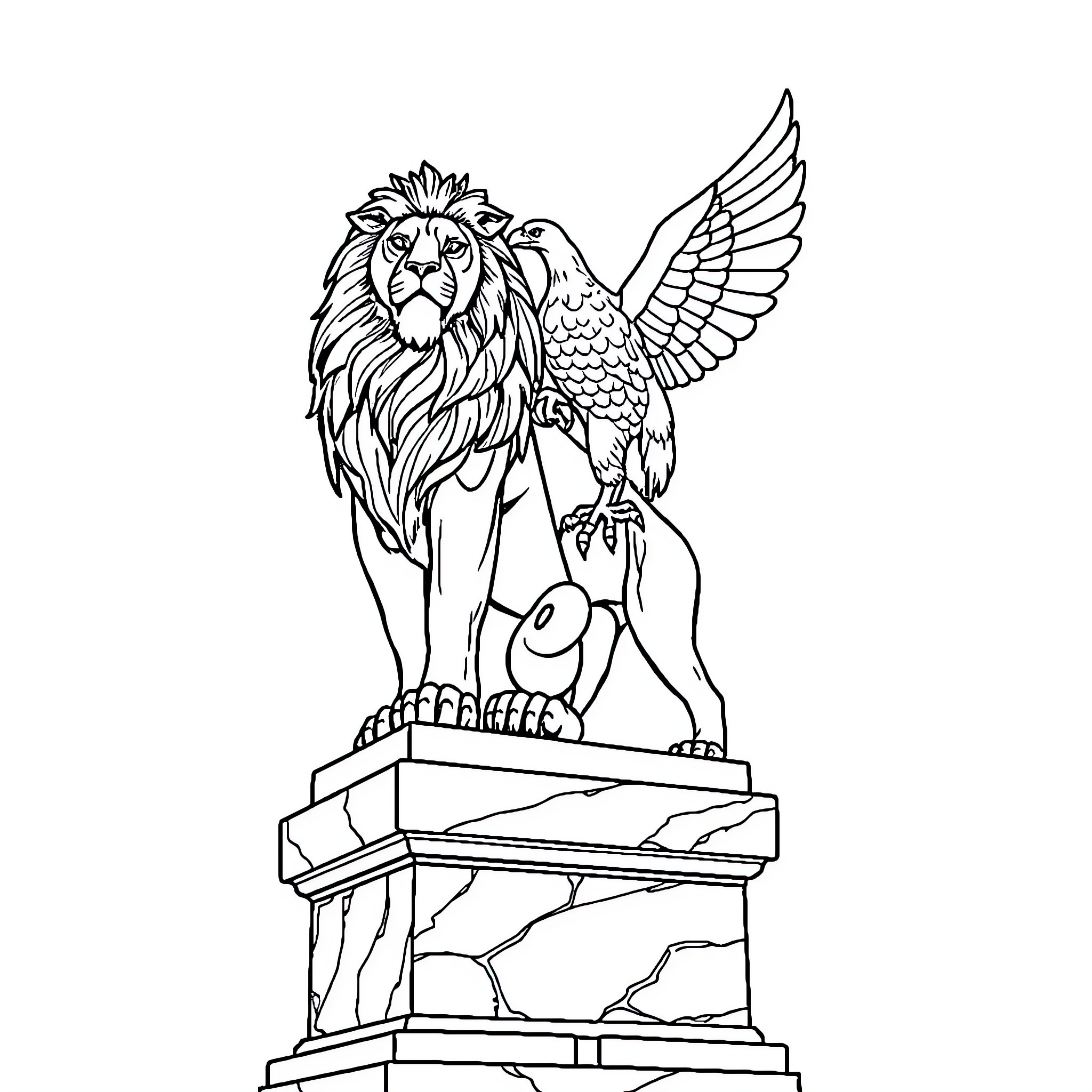 Lion with wings perched on a pedestal Coloring Page (free black-and-white line drawing printable PDF for all, from beginners to advanced learners, including children, teens, adults, and seniors)