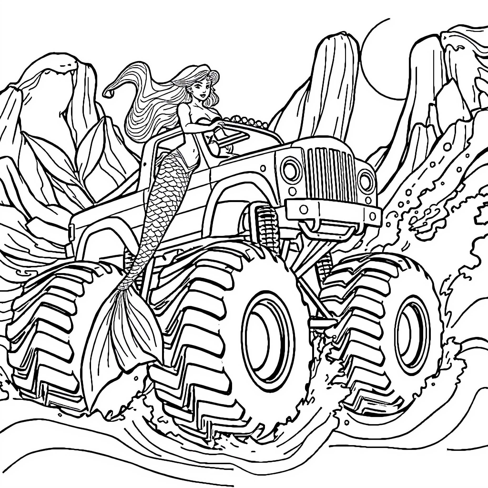 Monster Truck Driven by Mermaid Through Underwater Landscape Coloring Page (free black-and-white line drawing printable PDF for all, from beginners to advanced learners, including children, teens, adults, and seniors)