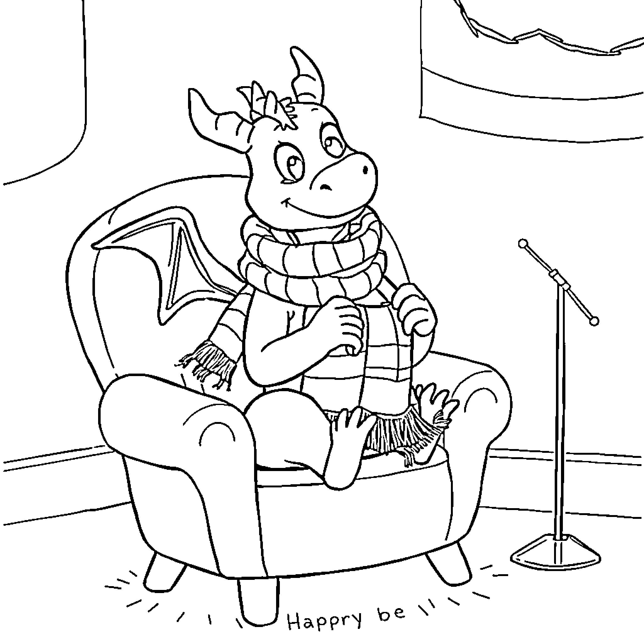 Dragon enjoying a cozy armchair in the studio Coloring Page (free black-and-white line drawing printable PDF for all, from beginners to advanced learners, including children, teens, adults, and seniors)