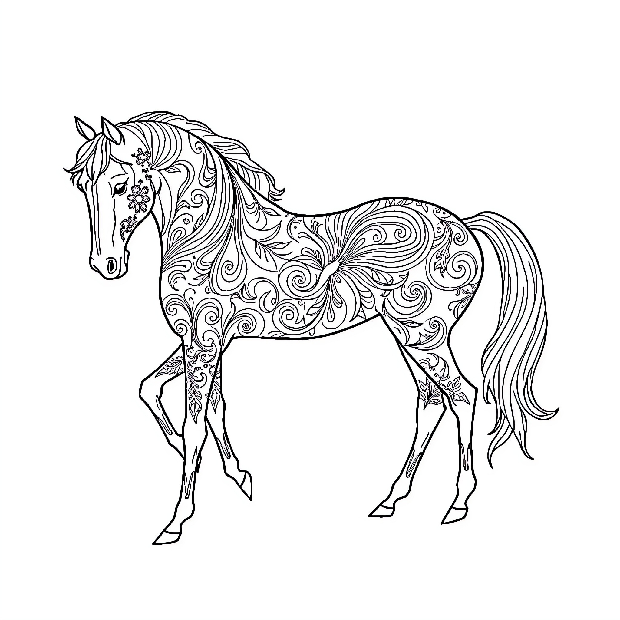 Horse with ornate floral patterns Coloring Page (free black-and-white line drawing printable PDF for all, from beginners to advanced learners, including children, teens, adults, and seniors)