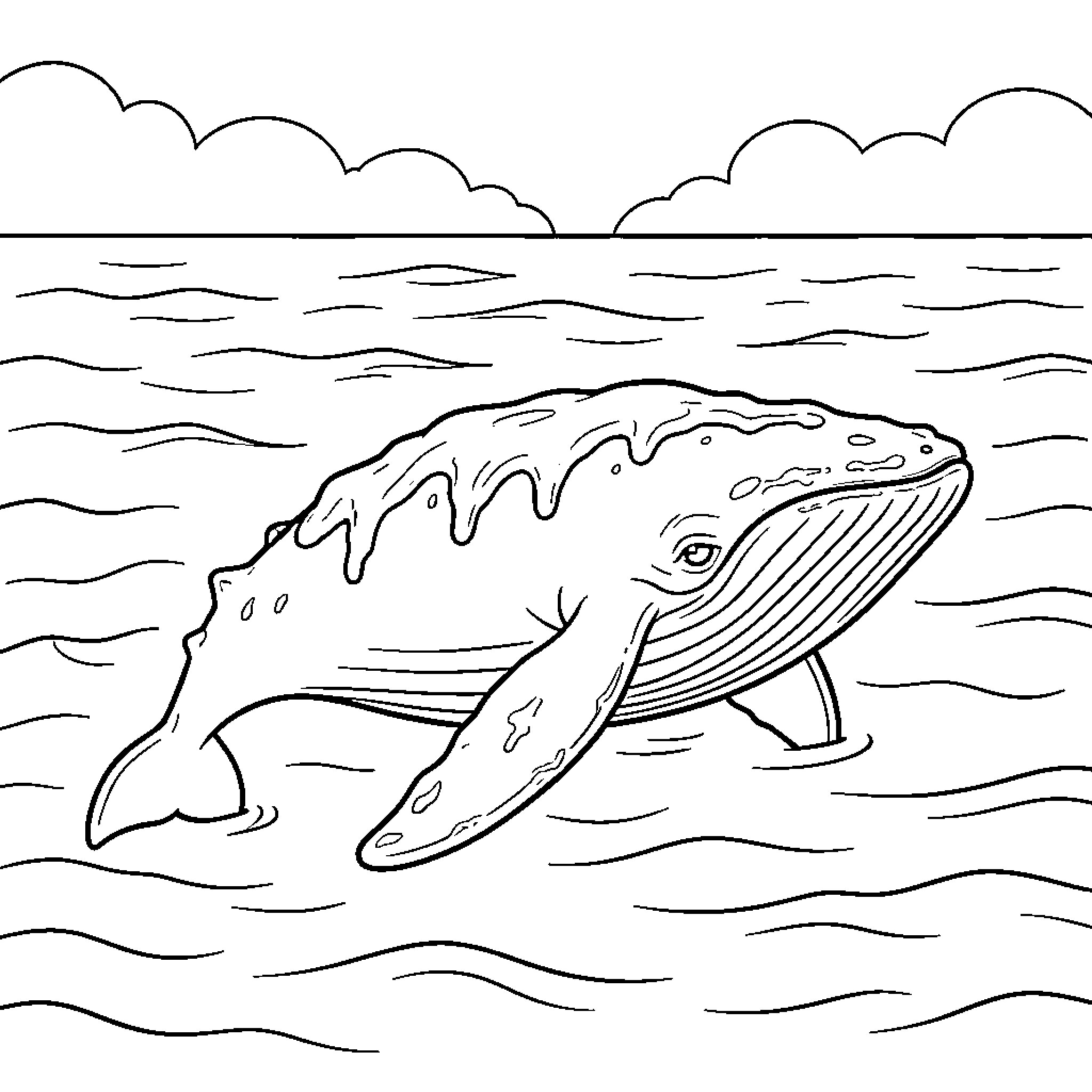 Whale swimming gracefully in the ocean Coloring Page (free black-and-white line drawing printable PDF for all, from beginners to advanced learners, including children, teens, adults, and seniors)