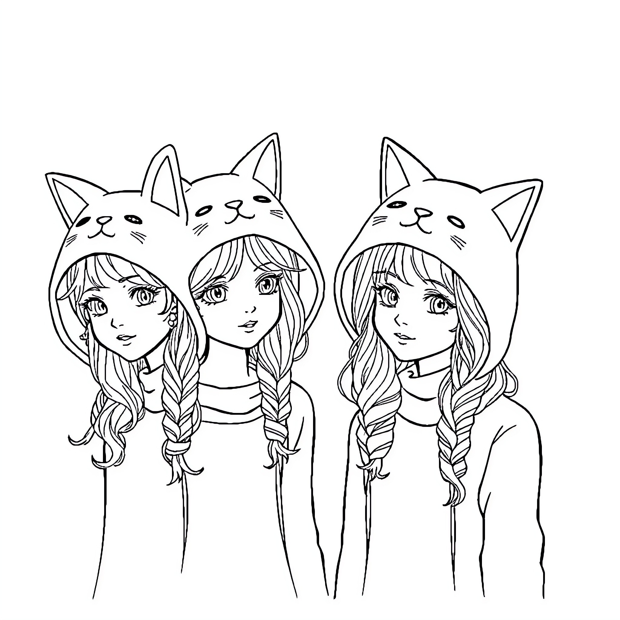 Cat Girls with Braided Hairstyles and Feline Ears Coloring Page (free black-and-white line drawing printable PDF for all, from beginners to advanced learners, including children, teens, adults, and seniors)