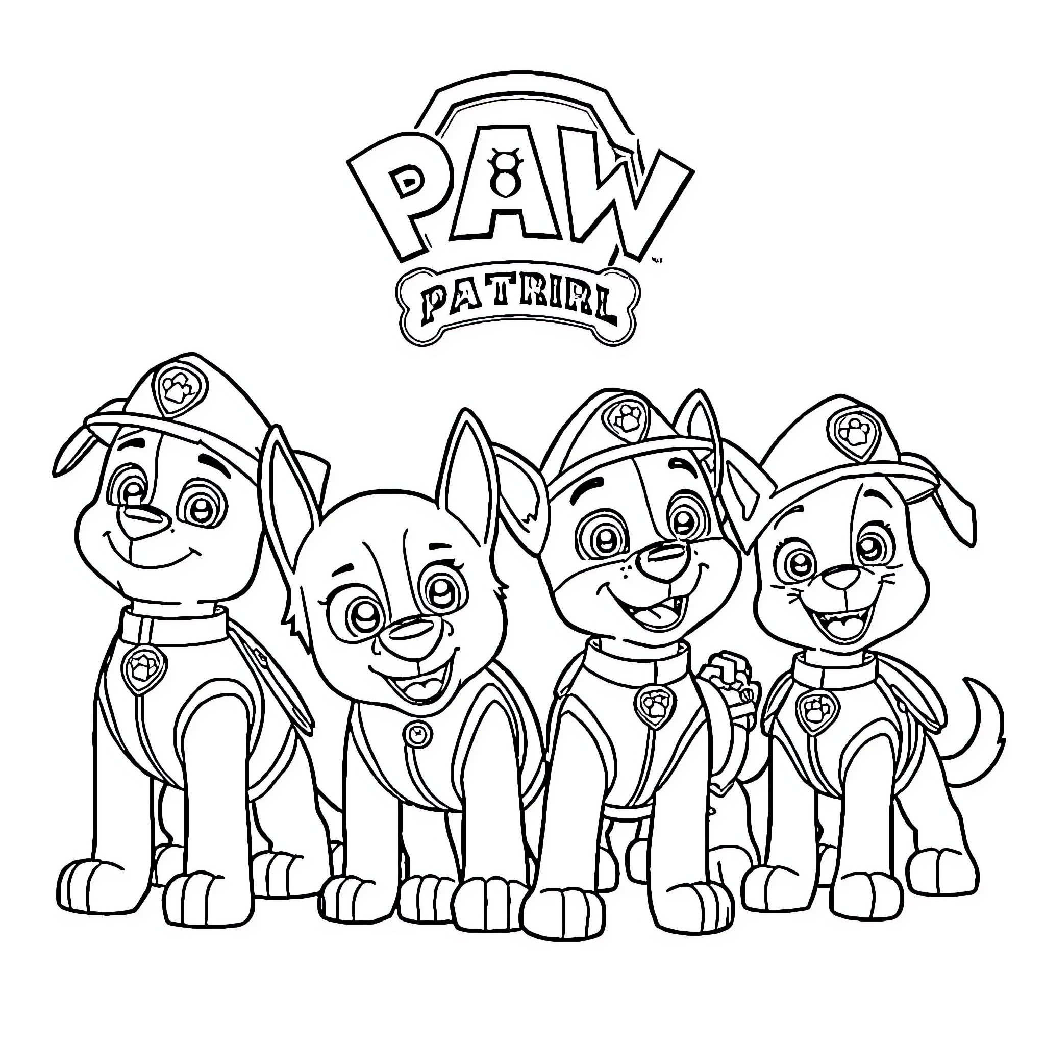 Paw Patrol characters in uniform posing together Coloring Page (free black-and-white line drawing printable PDF for all, from beginners to advanced learners, including children, teens, adults, and seniors)