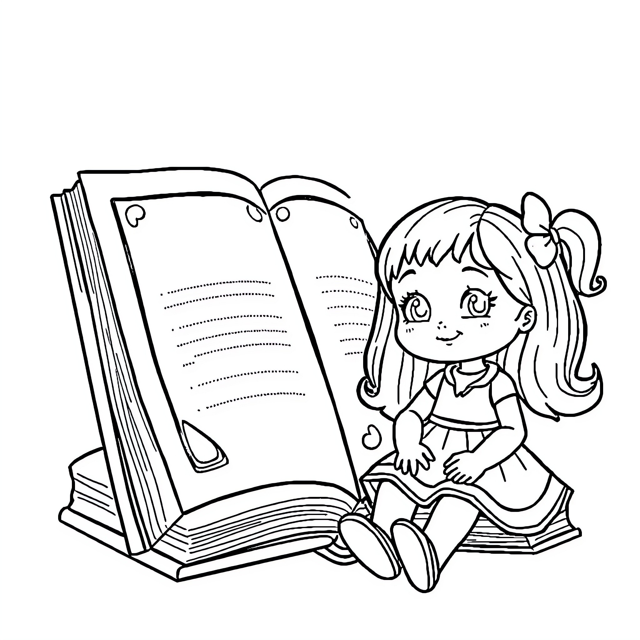 Book of tales with a young girl reader Coloring Page (free black-and-white line drawing printable PDF for all, from beginners to advanced learners, including children, teens, adults, and seniors)