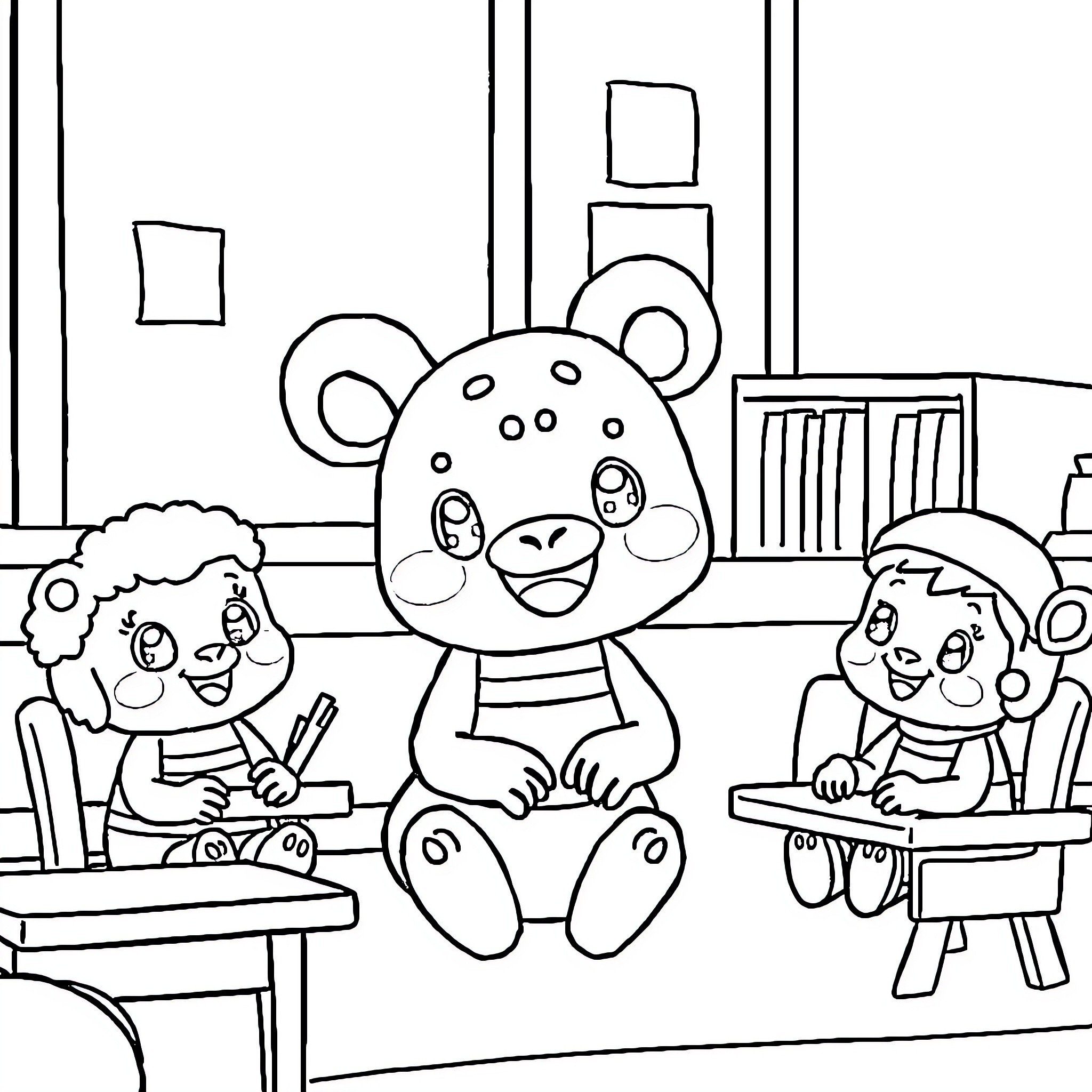 Labubu's Classroom Adventure Coloring Page (free black-and-white line drawing printable PDF for all, from beginners to advanced learners, including children, teens, adults, and seniors)