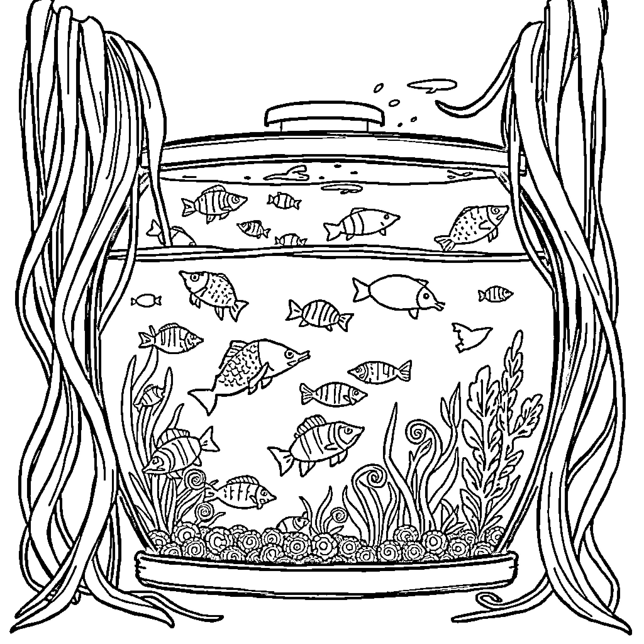 Tank filled with various marine life in underwater scene Coloring Page (free black-and-white line drawing printable PDF for all, from beginners to advanced learners, including children, teens, adults, and seniors)