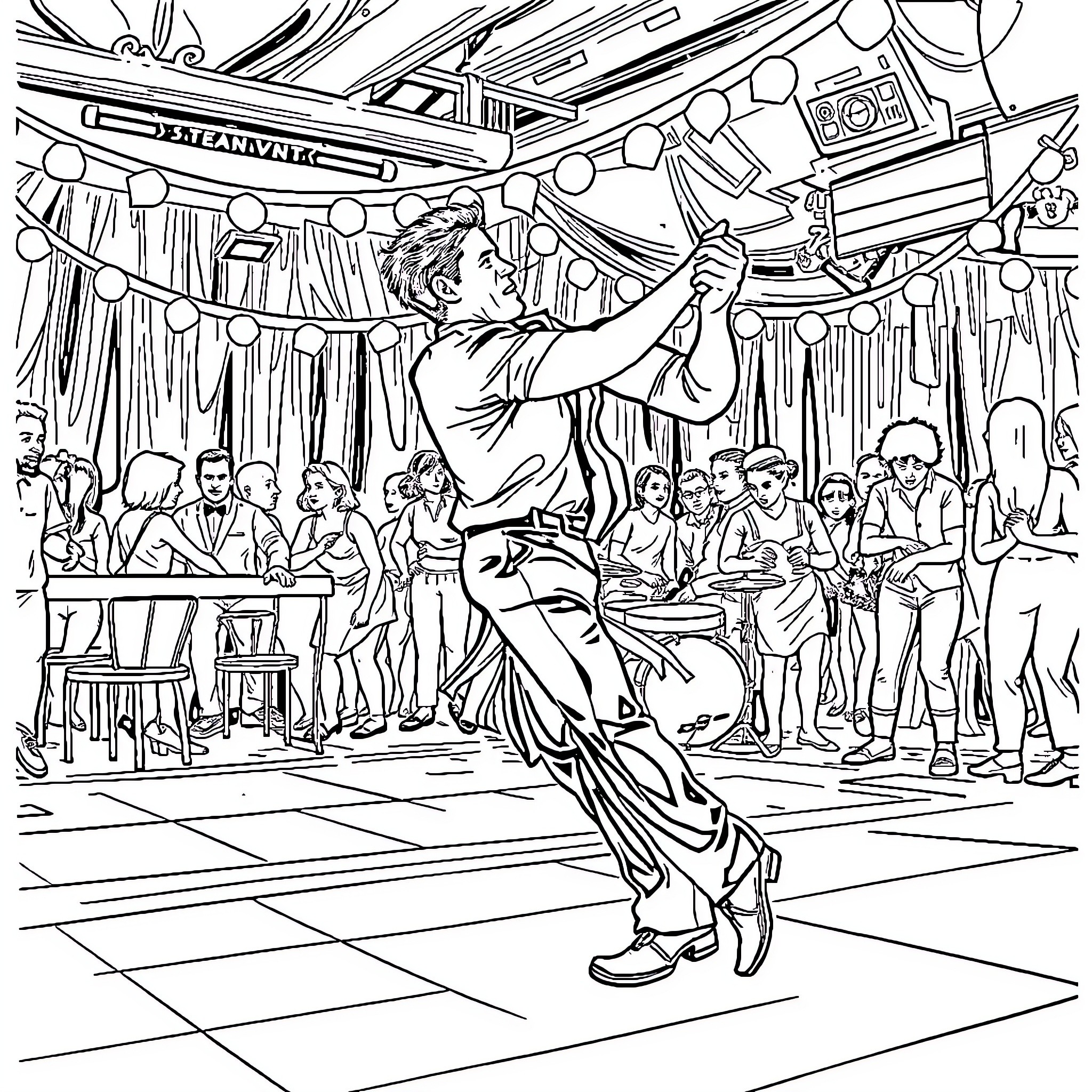 Bald Man Energetically Dancing on Stage Coloring Page (free black-and-white line drawing printable PDF for all, from beginners to advanced learners, including children, teens, adults, and seniors)