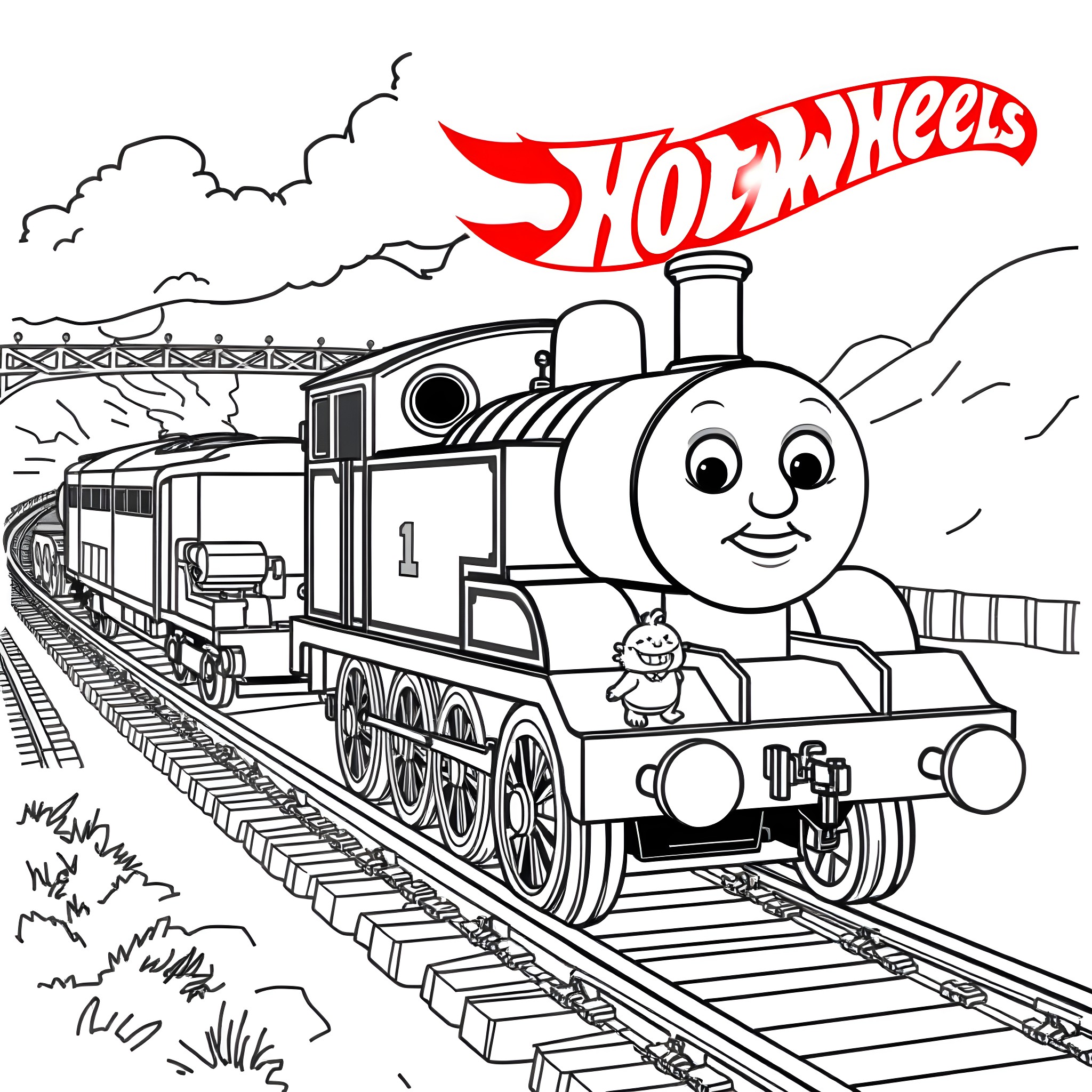 Thomas' Exciting Train Adventure Coloring Page (free black-and-white line drawing printable PDF for all, from beginners to advanced learners, including children, teens, adults, and seniors)