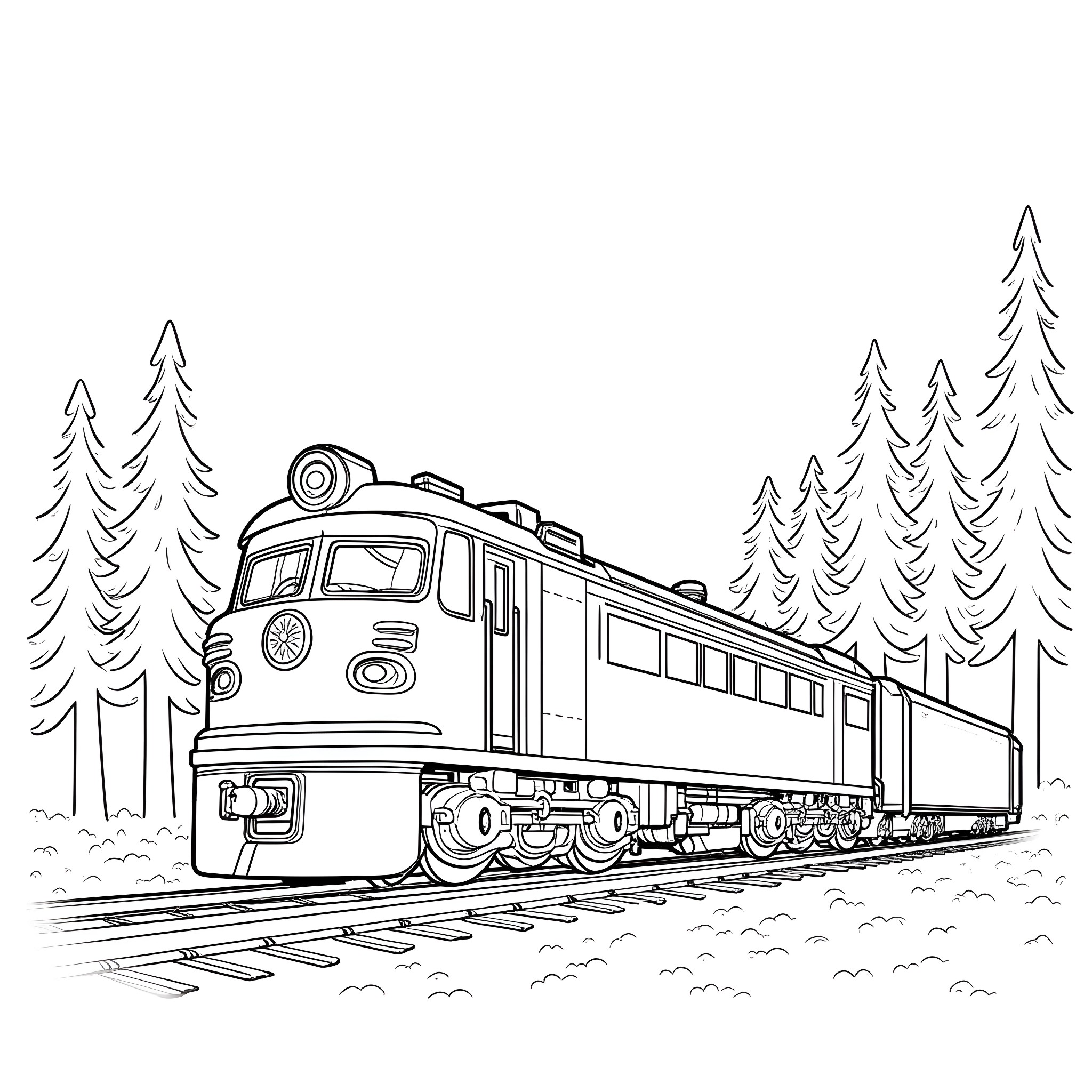 Locomotive traveling through forested landscape Coloring Page (free black-and-white line drawing printable PDF for all, from beginners to advanced learners, including children, teens, adults, and seniors)