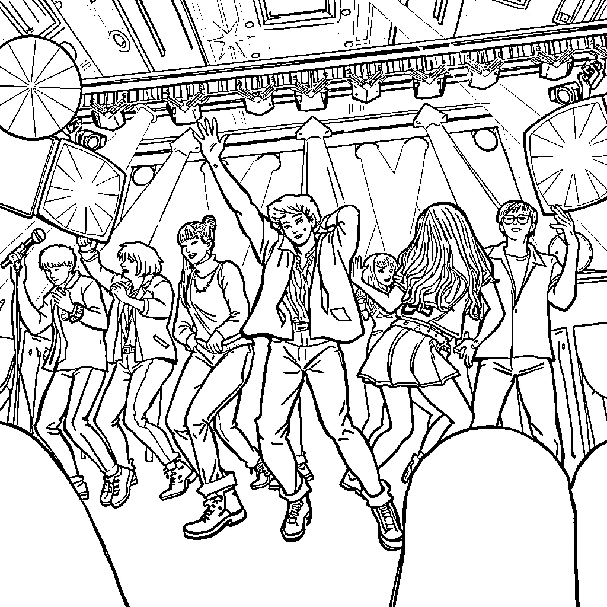 K Pop Performers on Stage with Lively Expressions Coloring Page (free black-and-white line drawing printable PDF for all, from beginners to advanced learners, including children, teens, adults, and seniors)