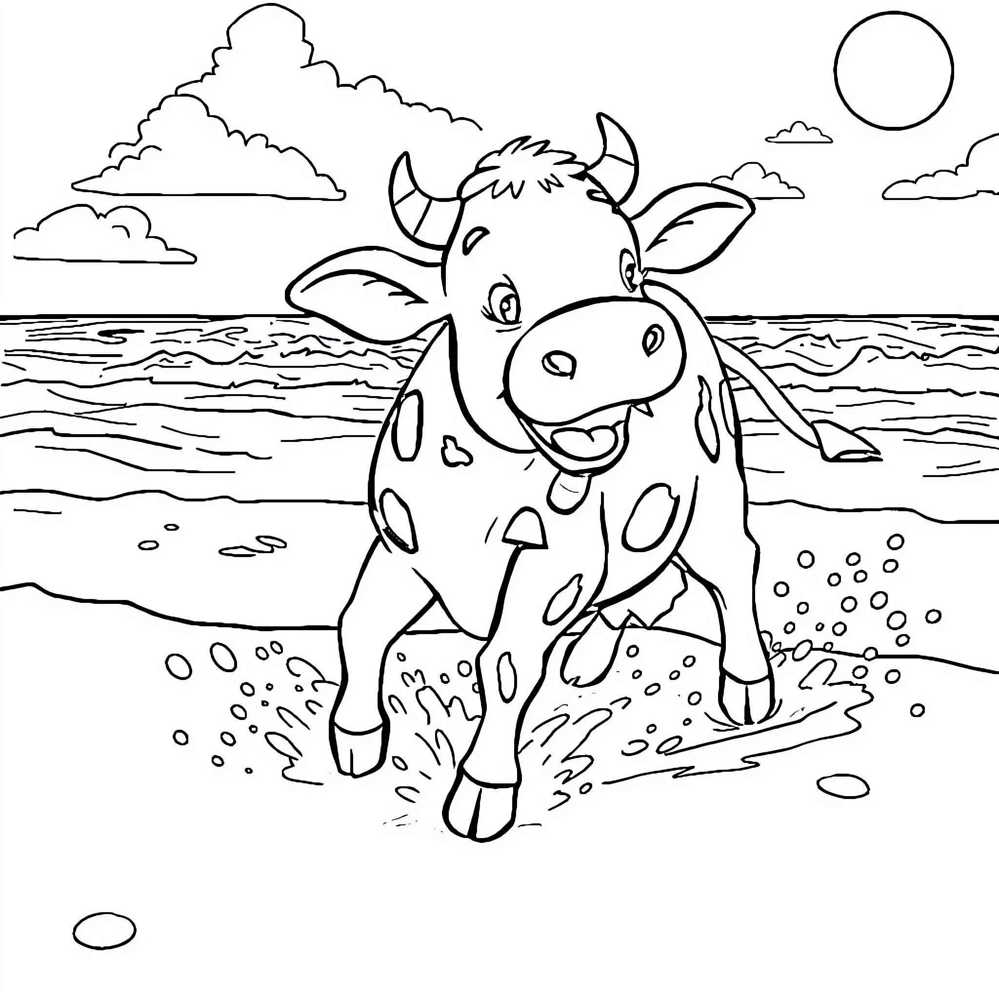 Cow playing in the waves on the beach Coloring Page (free black-and-white line drawing printable PDF for all, from beginners to advanced learners, including children, teens, adults, and seniors)