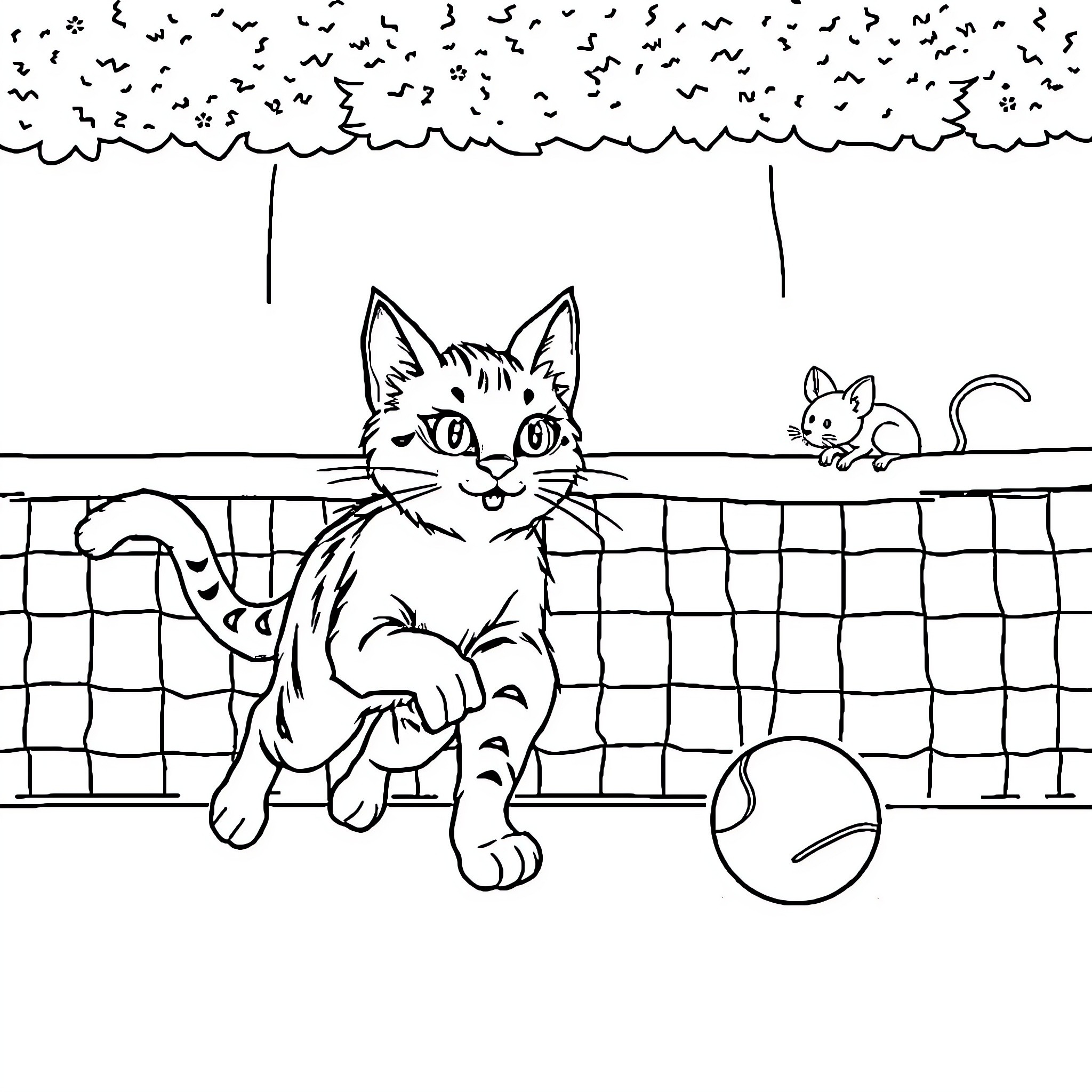 Cat playing with ball and mice in backyard Coloring Page (free black-and-white line drawing printable PDF for all, from beginners to advanced learners, including children, teens, adults, and seniors)