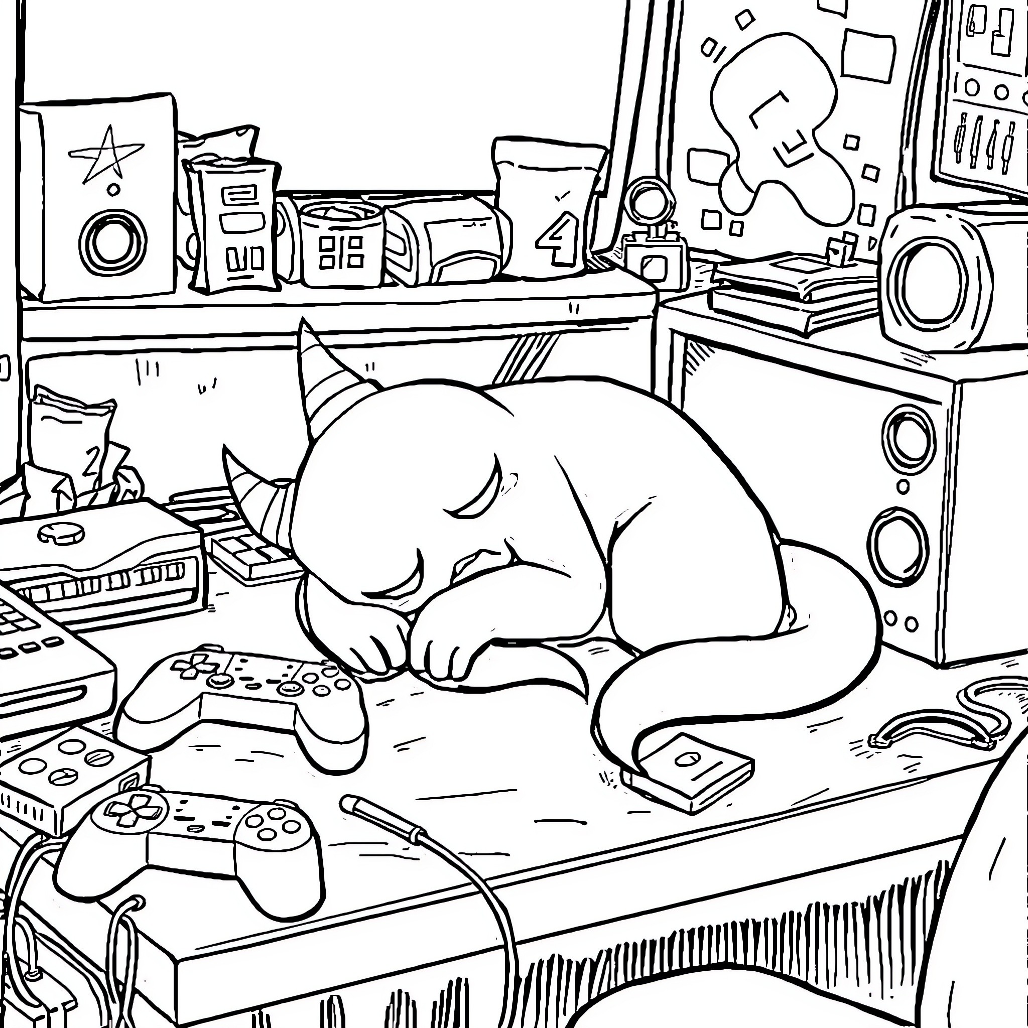 Gangar's Gaming Adventure: Relaxing Moment Amid the Clutter Coloring Page (free black-and-white line drawing printable PDF for all, from beginners to advanced learners, including children, teens, adults, and seniors)