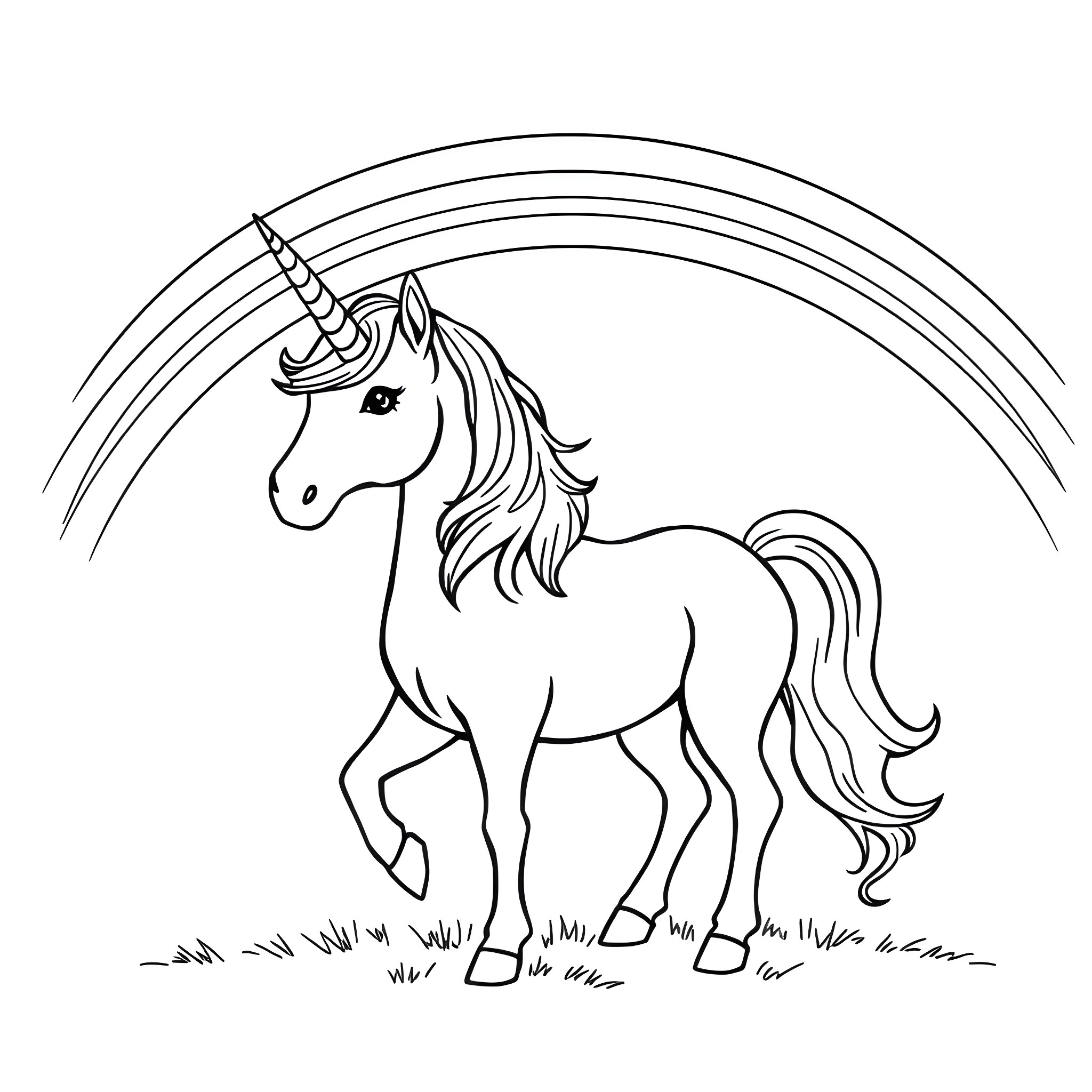 Unicorn galloping through rainbow arch Coloring Page (free black-and-white line drawing printable PDF for all, from beginners to advanced learners, including children, teens, adults, and seniors)
