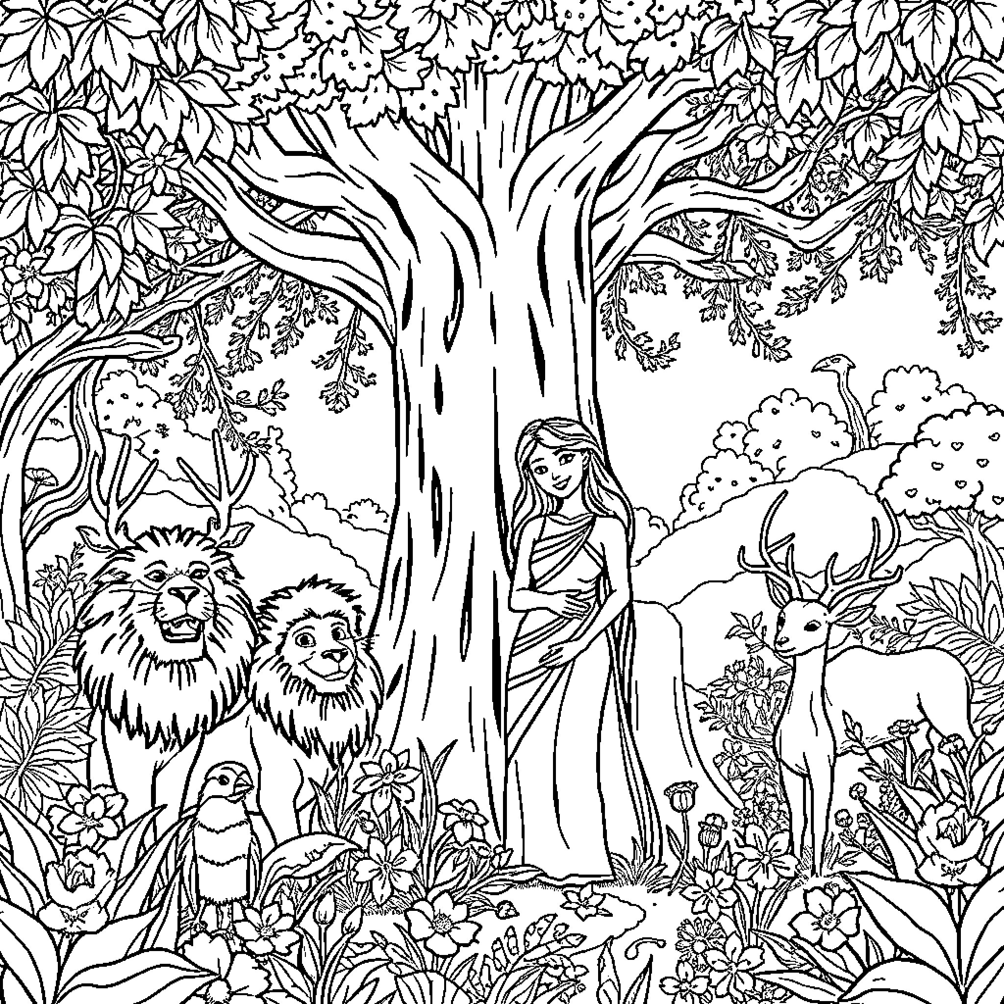 Adam and Eve in the Garden of Eden Coloring Page (free black-and-white line drawing printable PDF for all, from beginners to advanced learners, including children, teens, adults, and seniors)