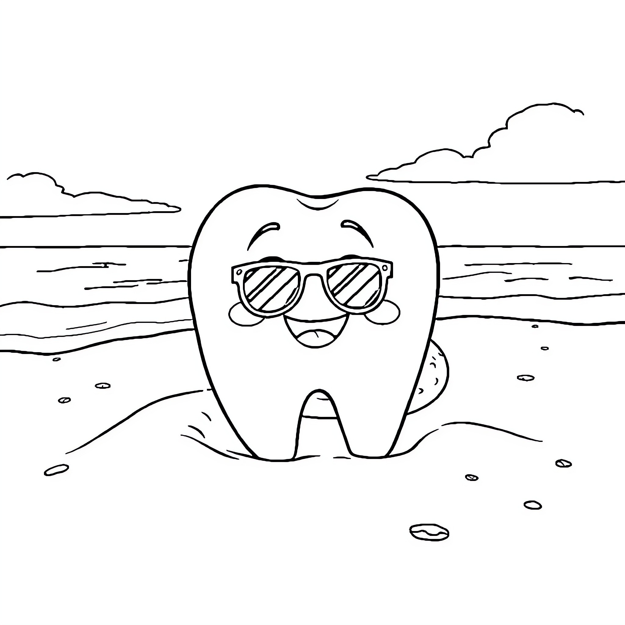 Tooth Relaxing on the Beach in Sunglasses Coloring Page (free black-and-white line drawing printable PDF for all, from beginners to advanced learners, including children, teens, adults, and seniors)