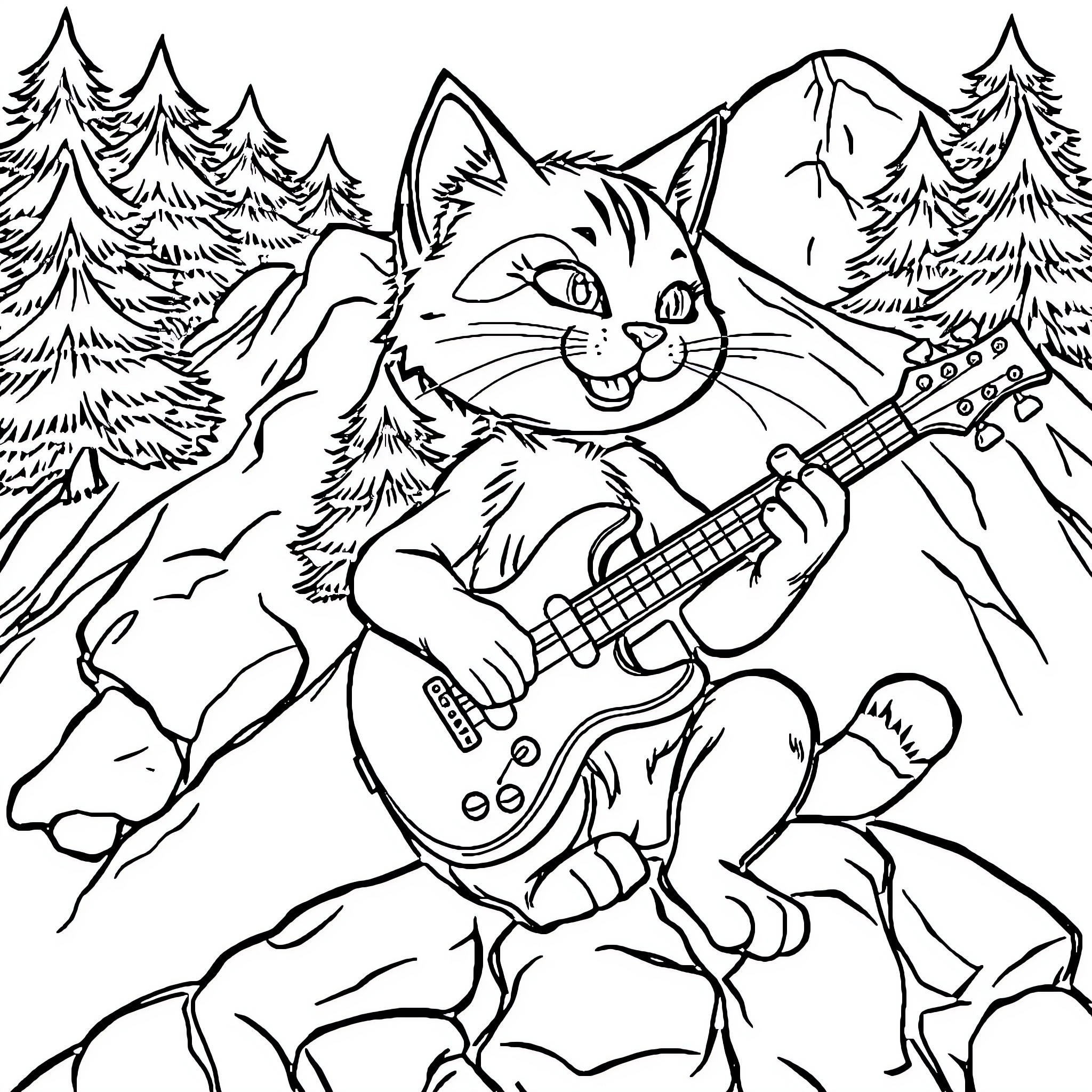 Cat playing guitar in the forest Coloring Page (free black-and-white line drawing printable PDF for all, from beginners to advanced learners, including children, teens, adults, and seniors)