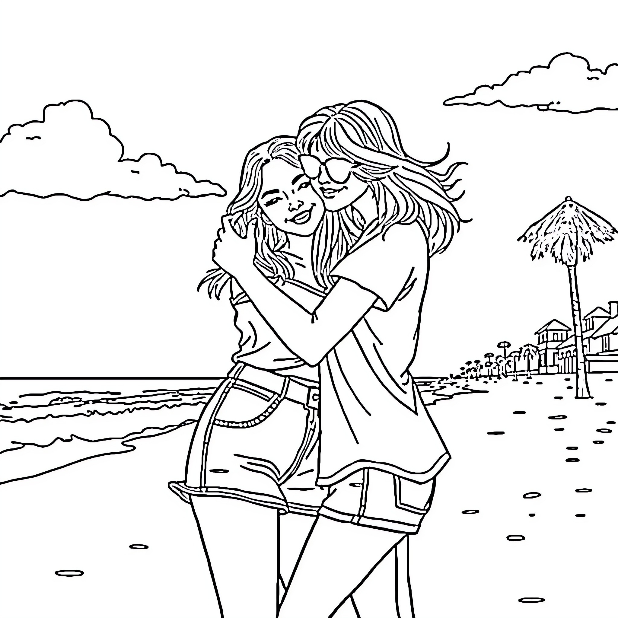 Girl embracing friend on beach Coloring Page (free black-and-white line drawing printable PDF for all, from beginners to advanced learners, including children, teens, adults, and seniors)