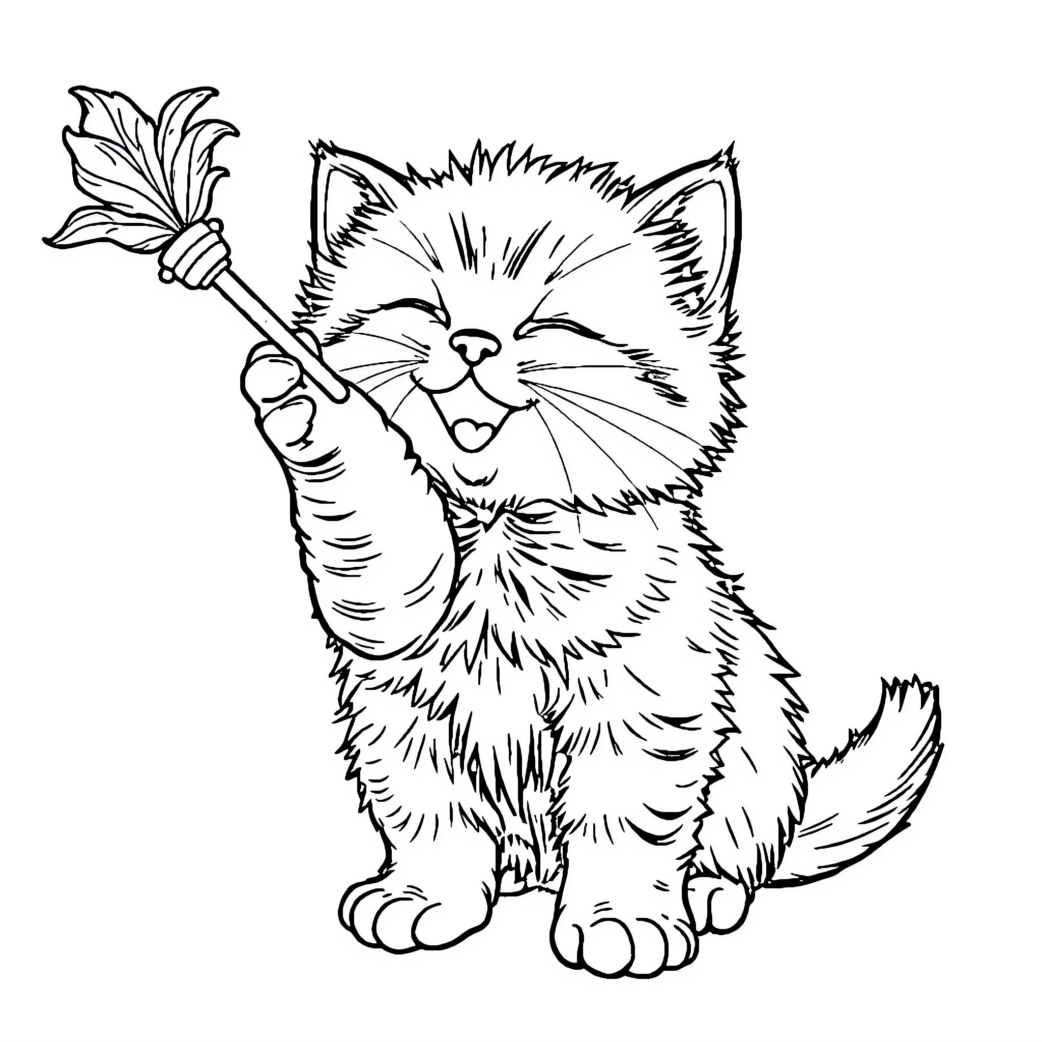 Kitten playing with flower Coloring Page (free black-and-white line drawing printable PDF for all, from beginners to advanced learners, including children, teens, adults, and seniors)