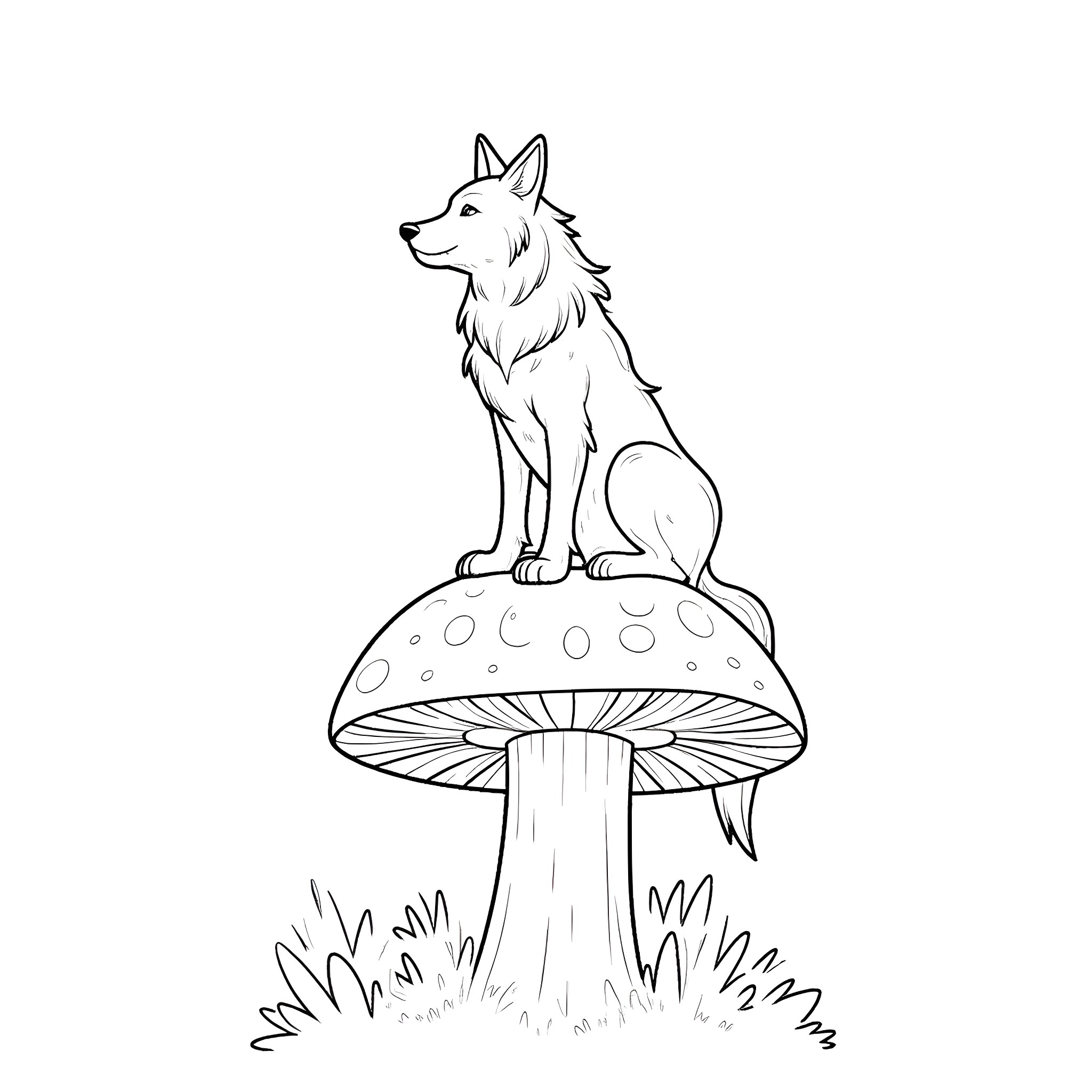 Werewolf sitting atop a magical mushroom Coloring Page (free black-and-white line drawing printable PDF for all, from beginners to advanced learners, including children, teens, adults, and seniors)
