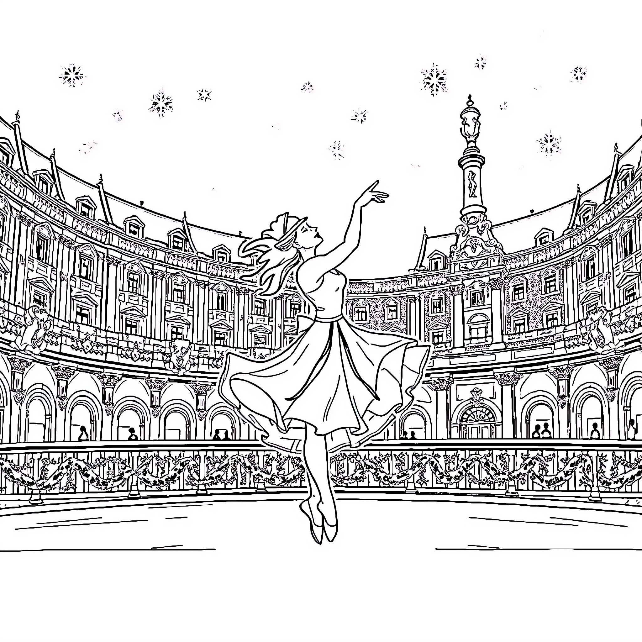 Danseuse performing gracefully on stage Coloring Page (free black-and-white line drawing printable PDF for all, from beginners to advanced learners, including children, teens, adults, and seniors)