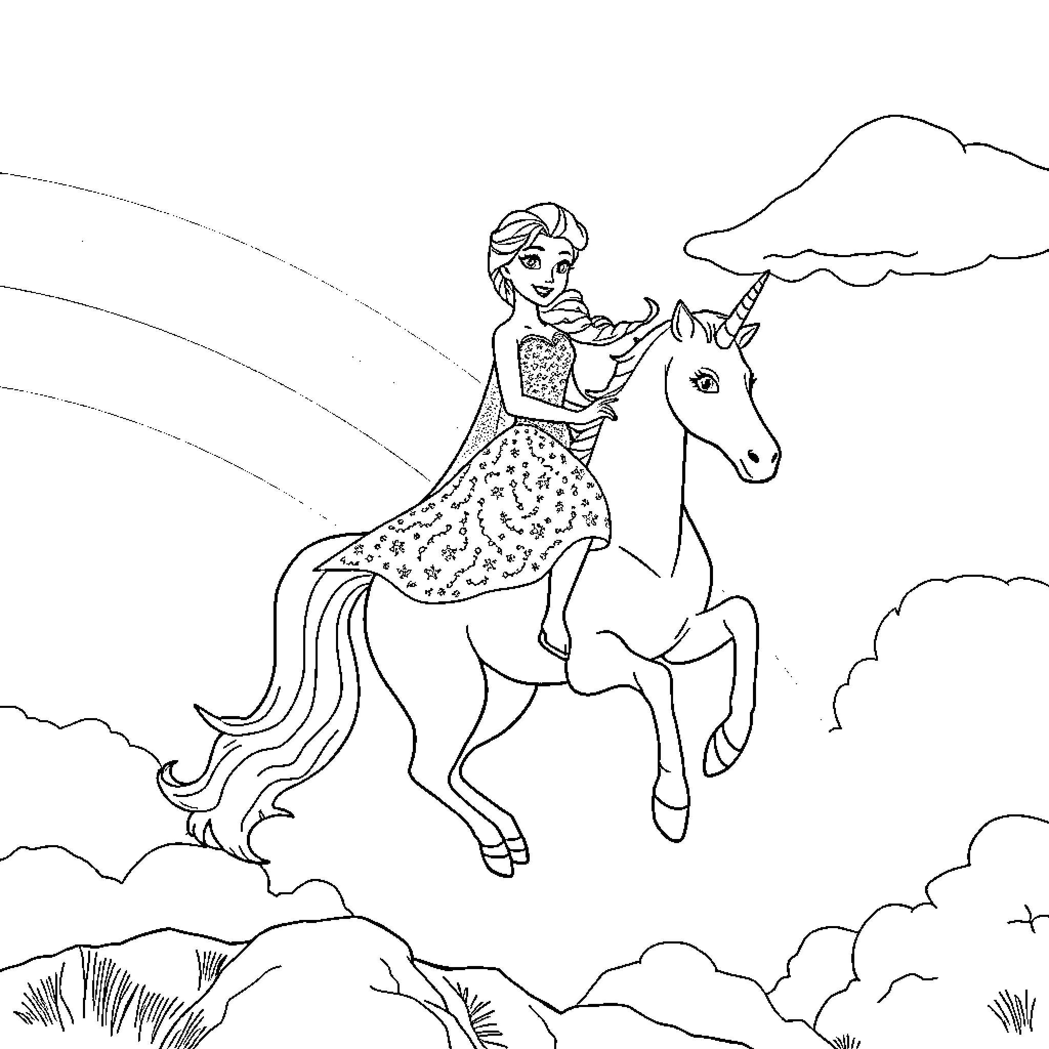 Elsa riding a unicorn in a magical landscape Coloring Page (free black-and-white line drawing printable PDF for all, from beginners to advanced learners, including children, teens, adults, and seniors)