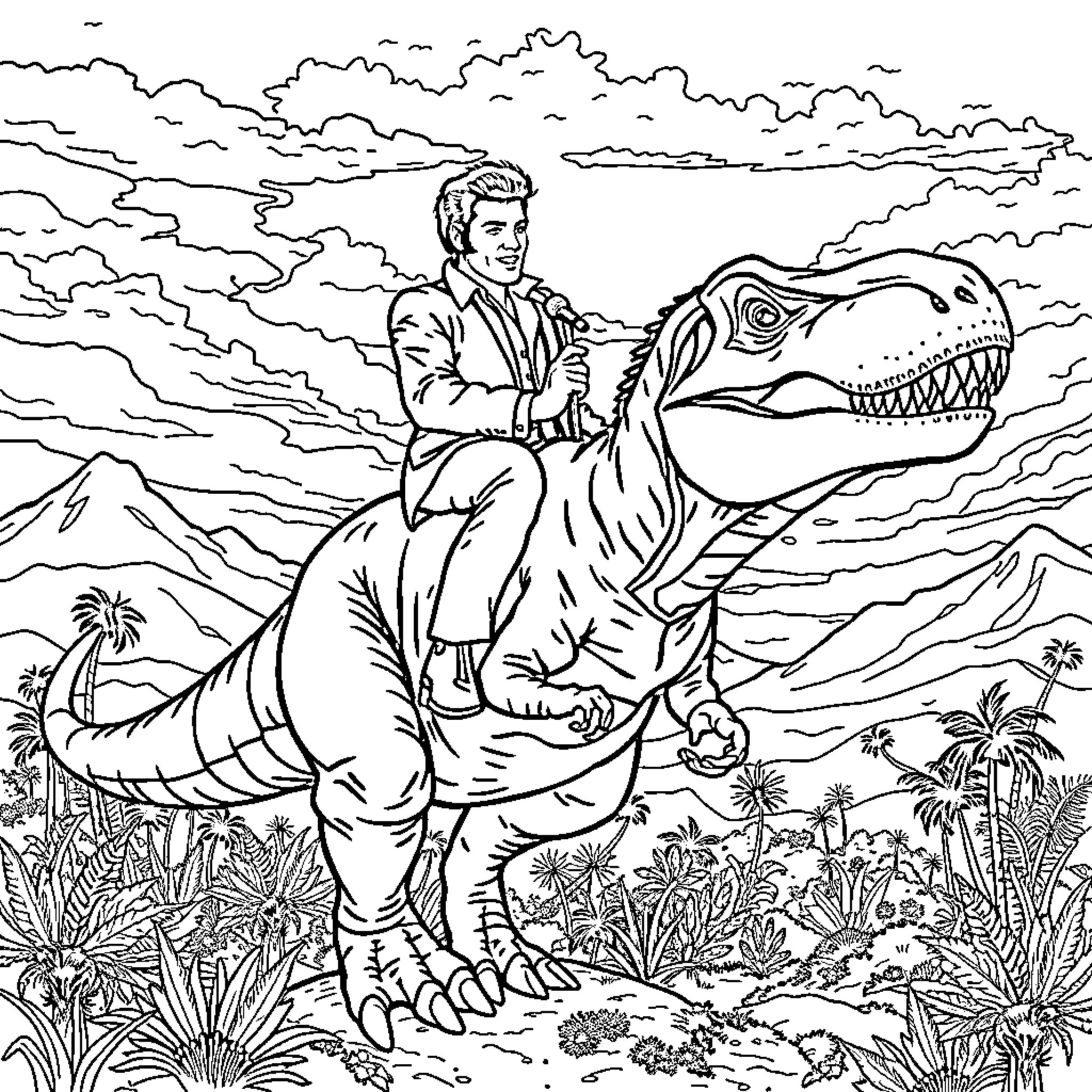 Elvis riding a fearsome dinosaur in a prehistoric landscape Coloring Page (free black-and-white line drawing printable PDF for all, from beginners to advanced learners, including children, teens, adults, and seniors)