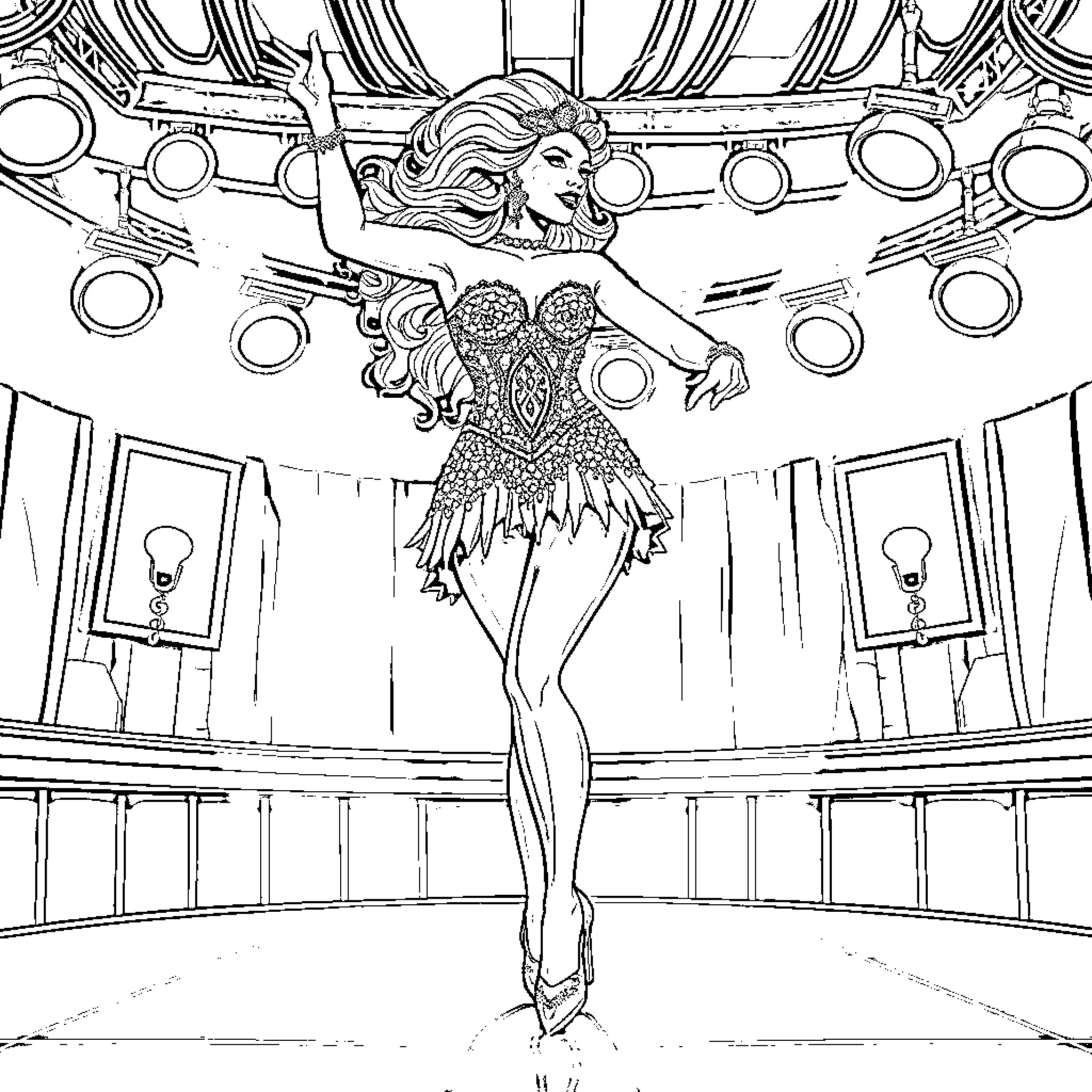 Dancer performing on stage in ornate costume Coloring Page (free black-and-white line drawing printable PDF for all, from beginners to advanced learners, including children, teens, adults, and seniors)