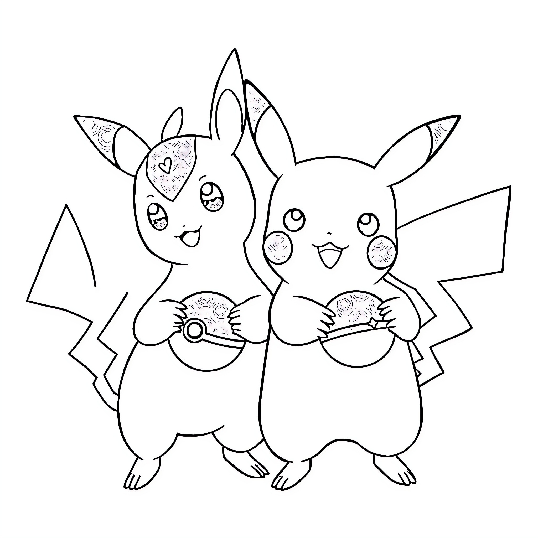 Pikachu and Eevee playing together Coloring Page (free black-and-white line drawing printable PDF for all, from beginners to advanced learners, including children, teens, adults, and seniors)