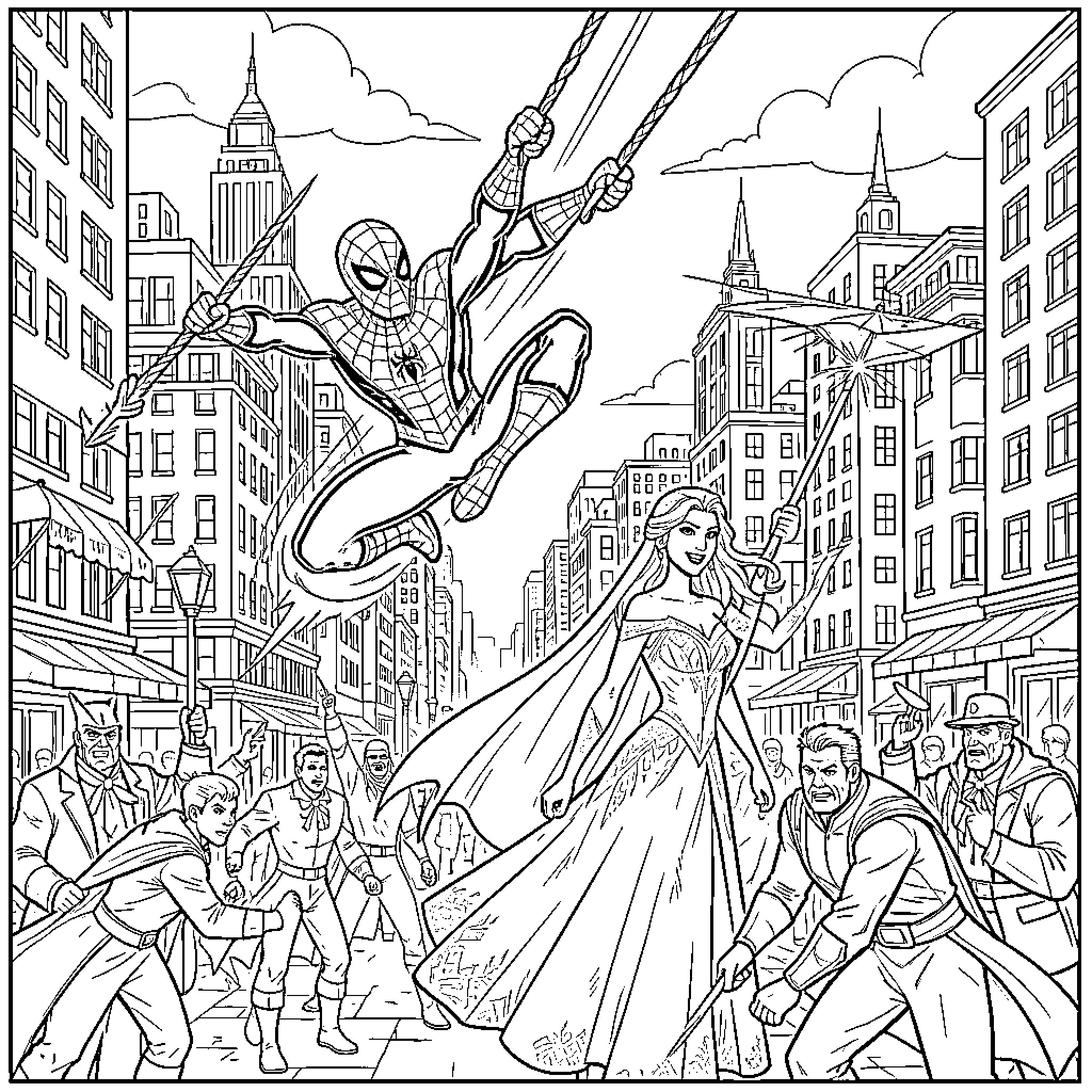 Spiderman swinging through the city with civilians Coloring Page (free black-and-white line drawing printable PDF for all, from beginners to advanced learners, including children, teens, adults, and seniors)