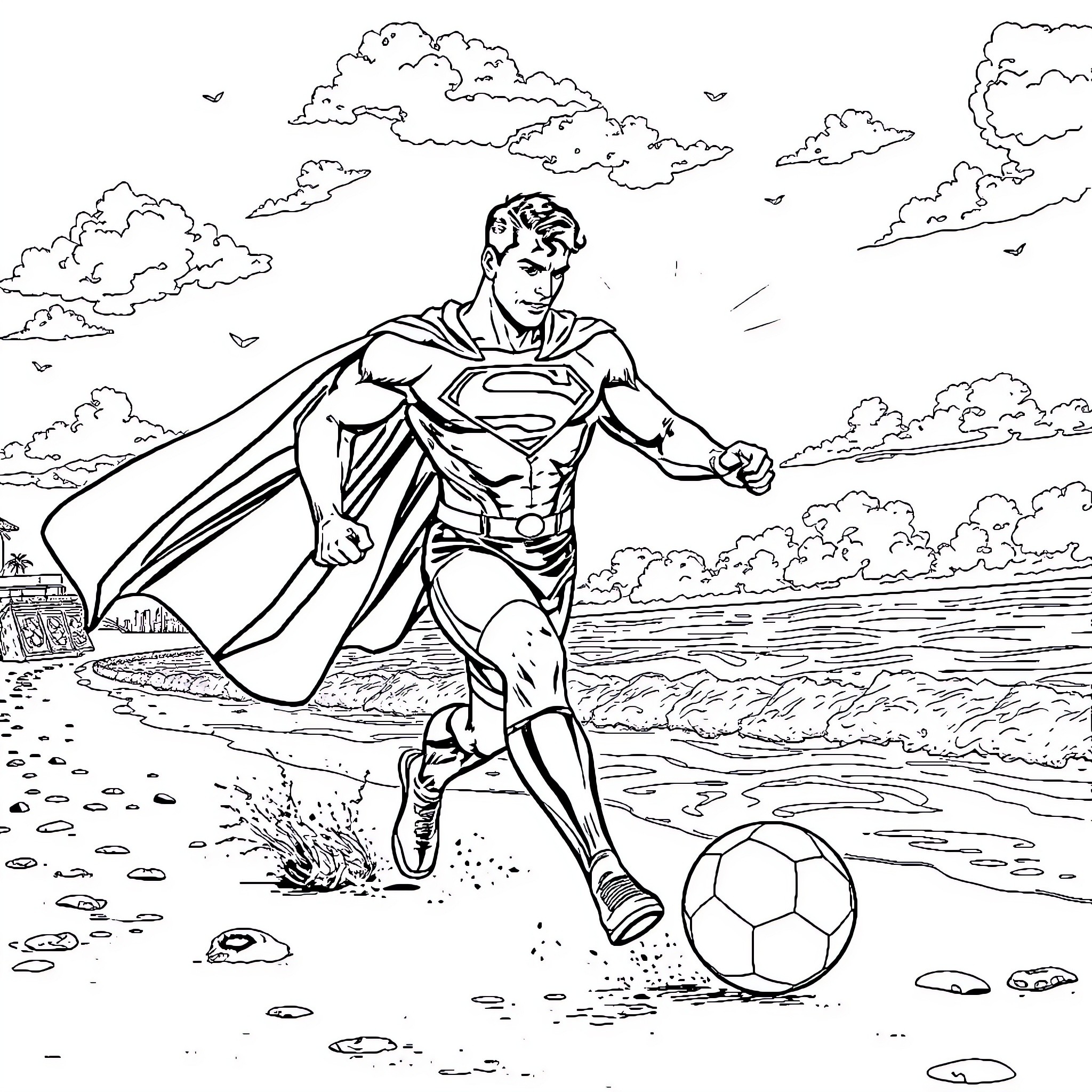 Superman playing with a soccer ball on the beach Coloring Page (free black-and-white line drawing printable PDF for all, from beginners to advanced learners, including children, teens, adults, and seniors)