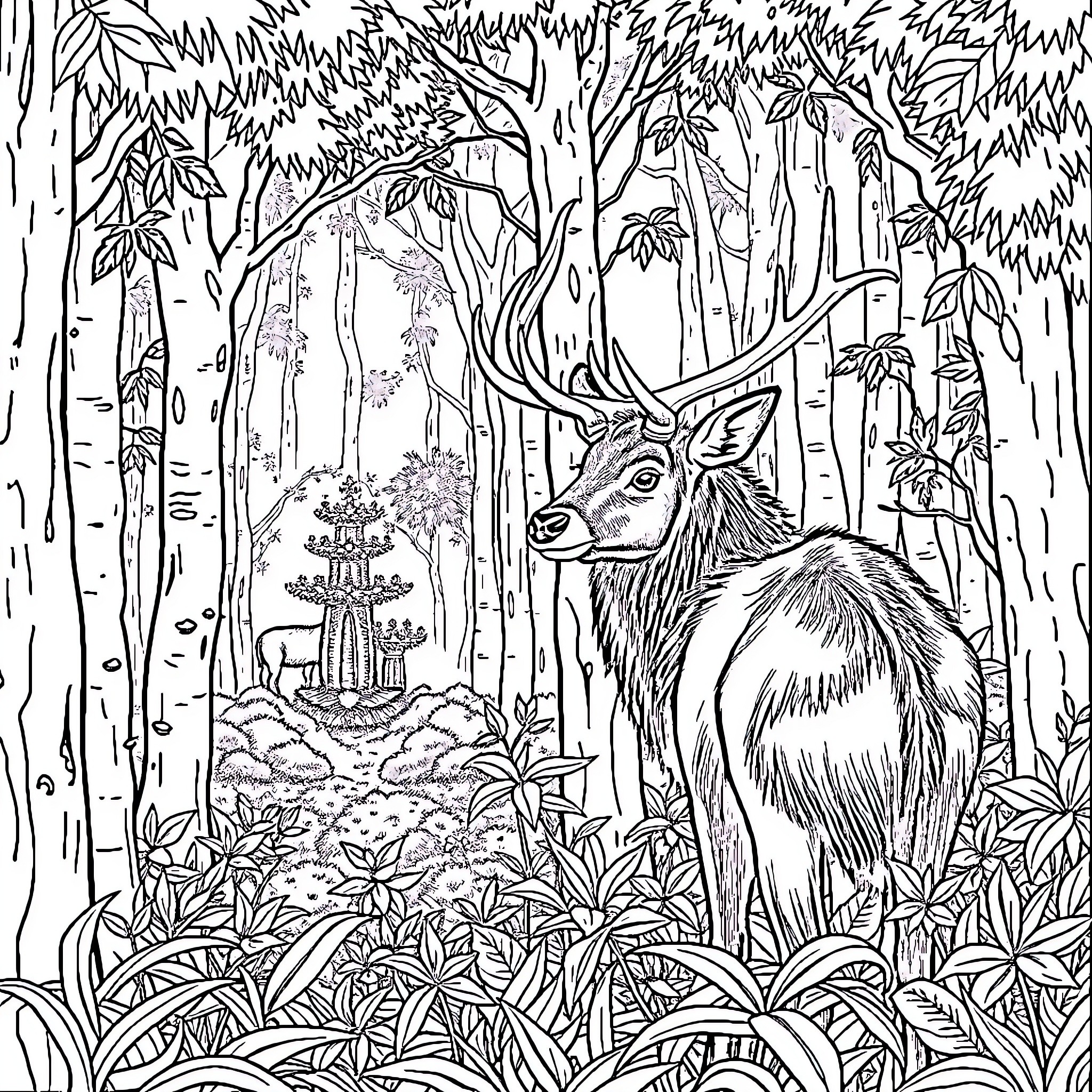 Berger Australien in a Serene Forest Landscape Coloring Page (free black-and-white line drawing printable PDF for all, from beginners to advanced learners, including children, teens, adults, and seniors)