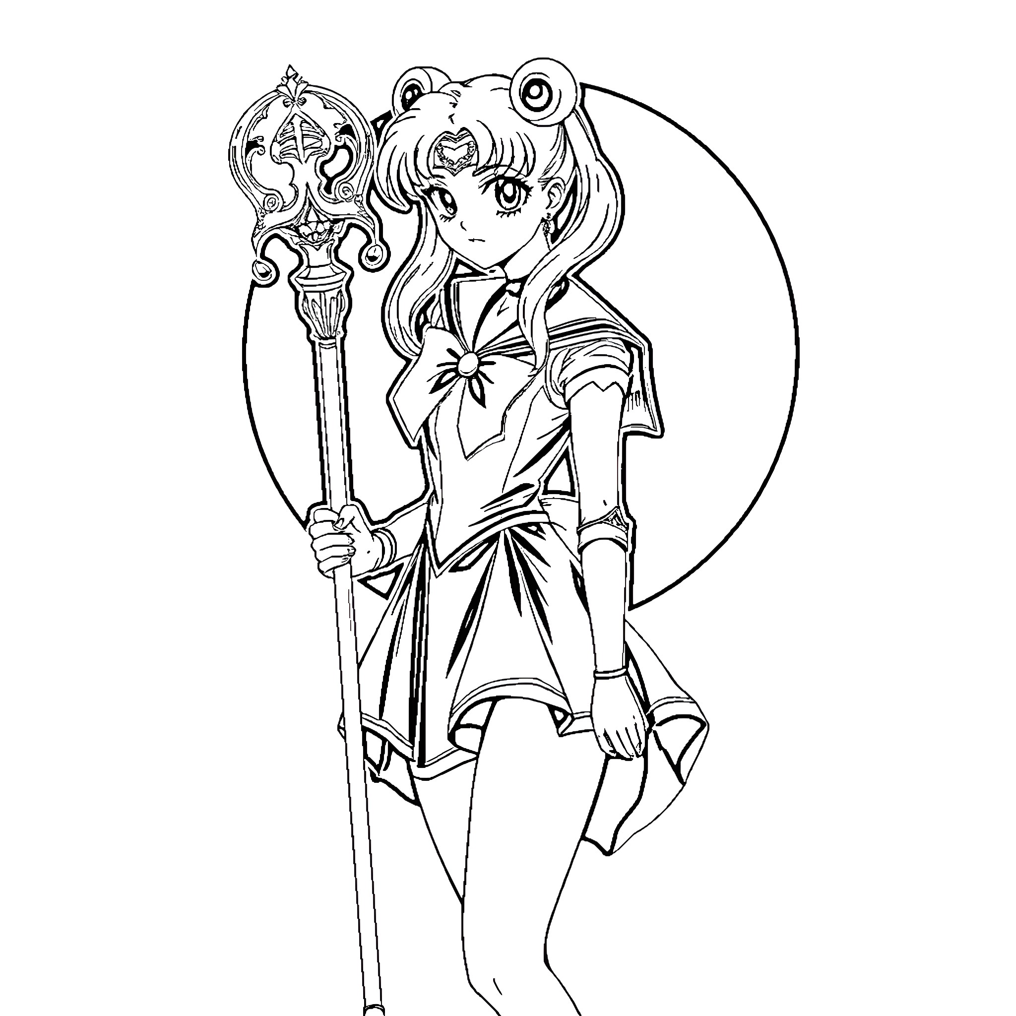 Sailor Moon holding magical scepter in heroic pose Coloring Page (free black-and-white line drawing printable PDF for all, from beginners to advanced learners, including children, teens, adults, and seniors)