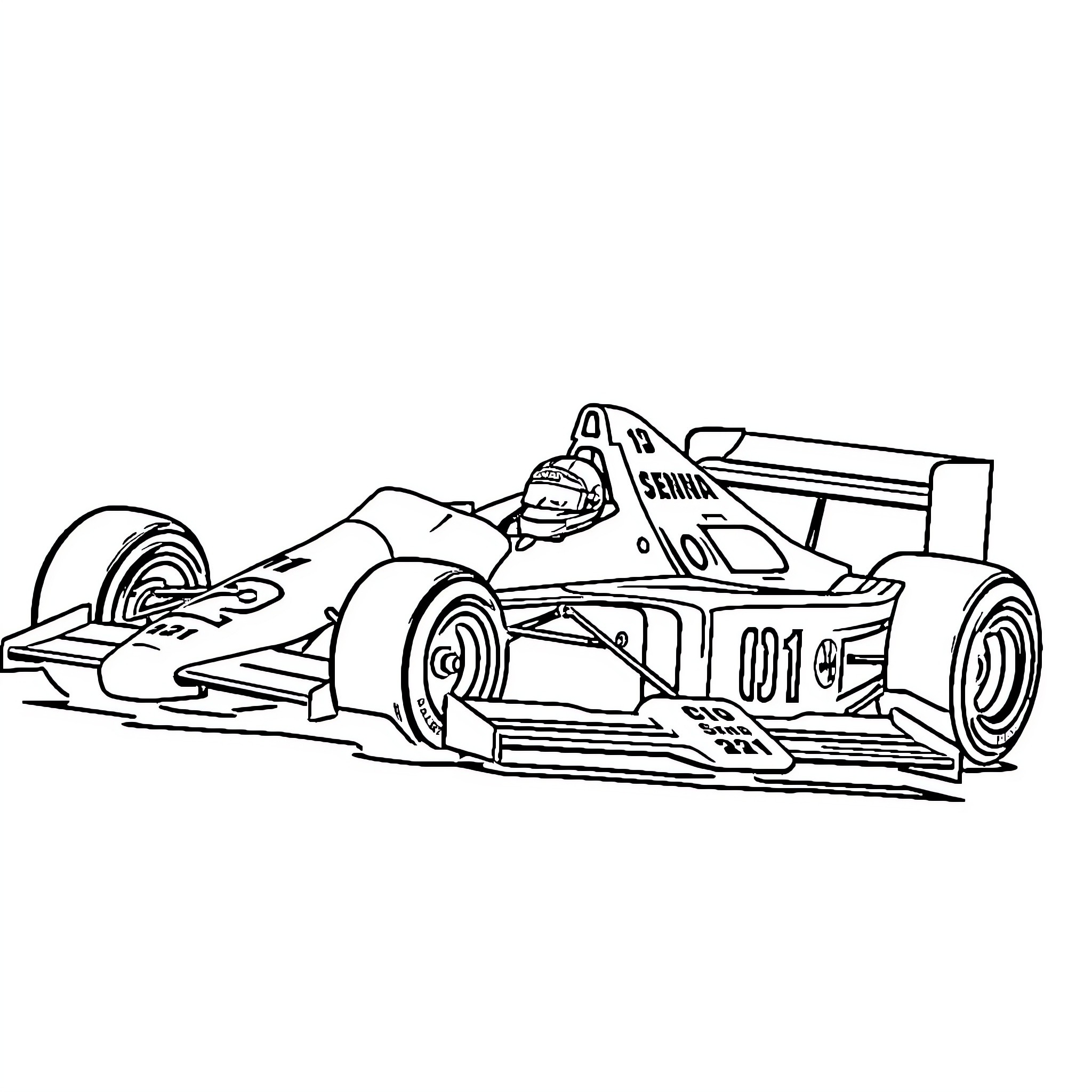 Ayrton Senna's Formula One Race Car in Action Coloring Page (free black-and-white line drawing printable PDF for all, from beginners to advanced learners, including children, teens, adults, and seniors)