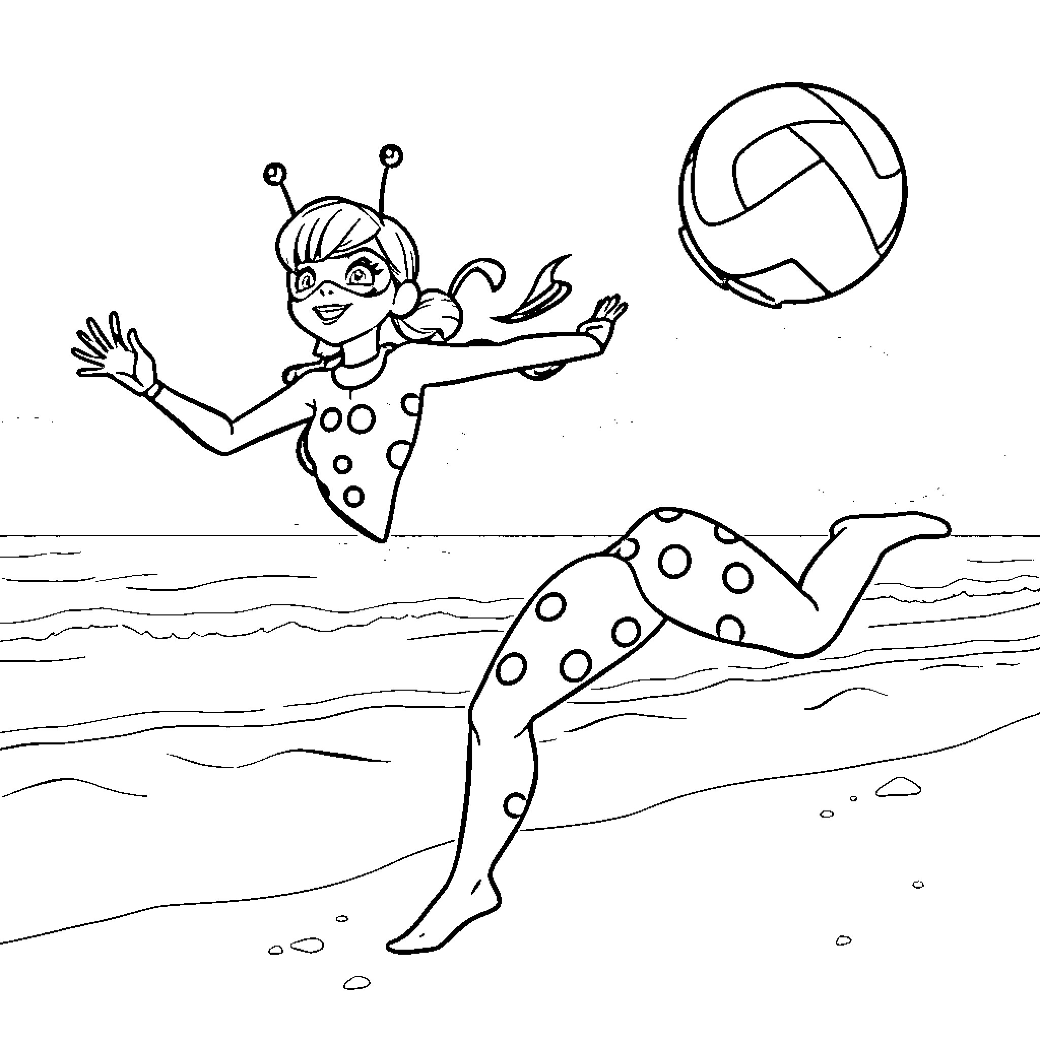 Ladybug swimming and playing in the waves Coloring Page (free black-and-white line drawing printable PDF for all, from beginners to advanced learners, including children, teens, adults, and seniors)