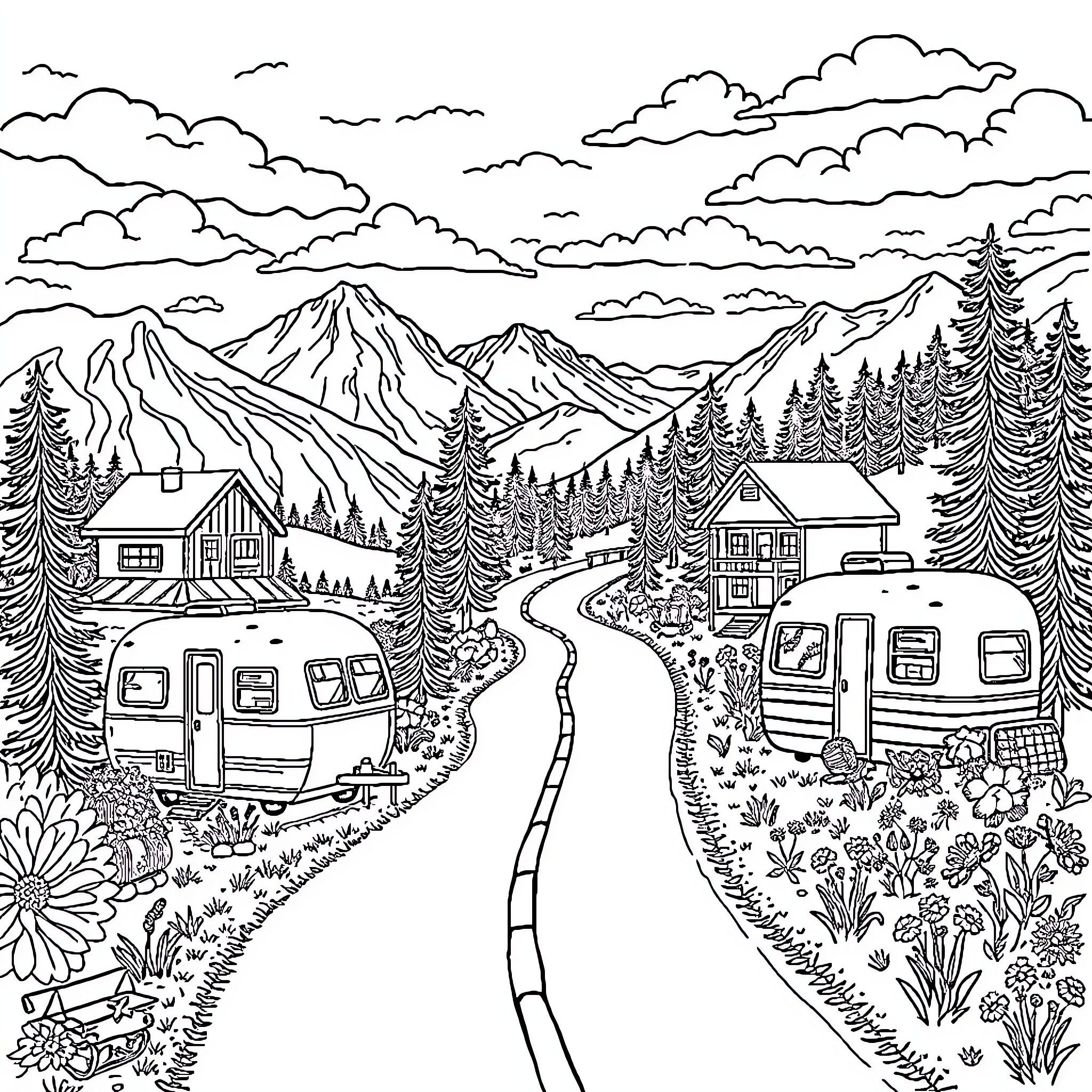 Road Trip Through Mountain Wilderness Landscape Coloring Page (free black-and-white line drawing printable PDF for all, from beginners to advanced learners, including children, teens, adults, and seniors)