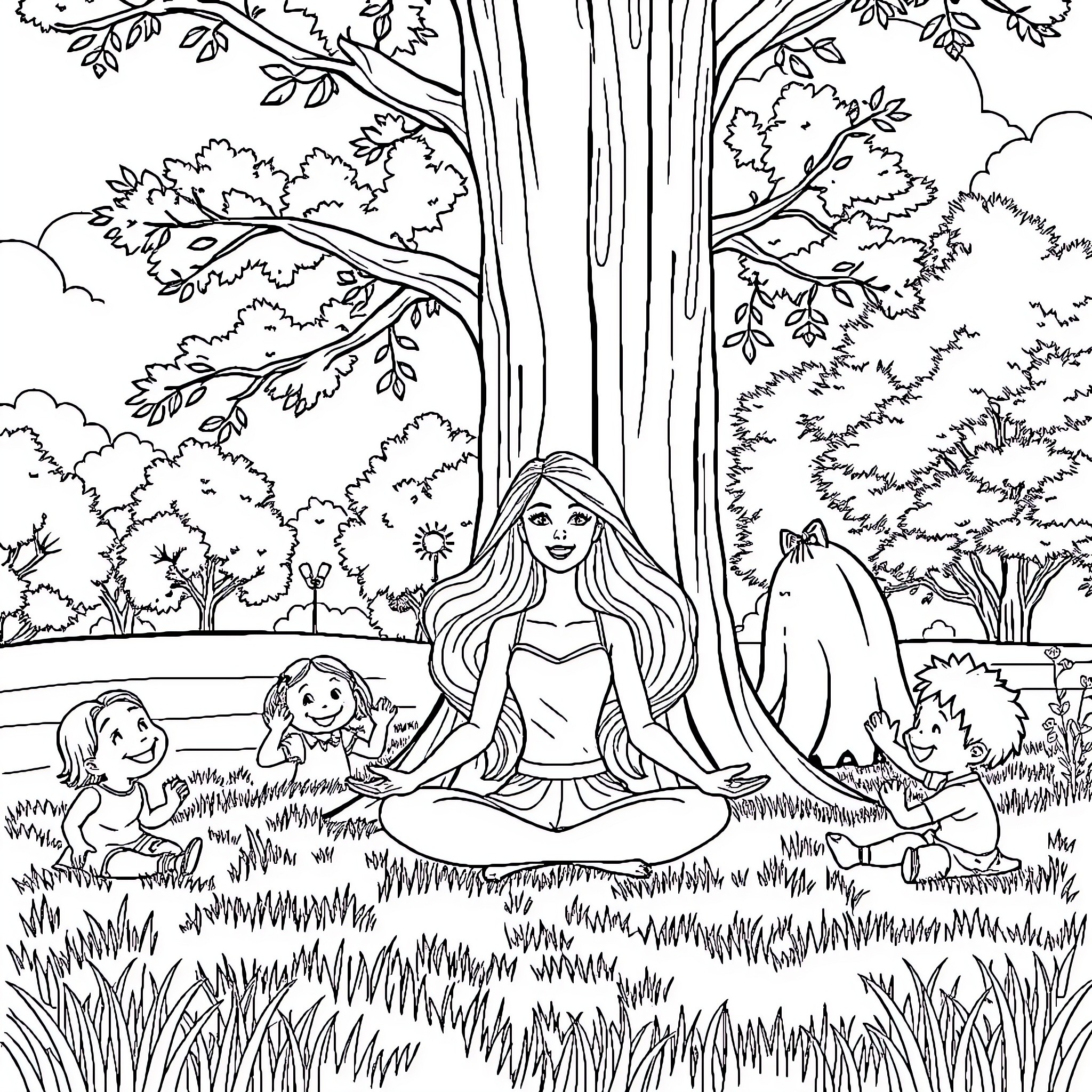Barbie enjoying peaceful nature with pets Coloring Page (free black-and-white line drawing printable PDF for all, from beginners to advanced learners, including children, teens, adults, and seniors)