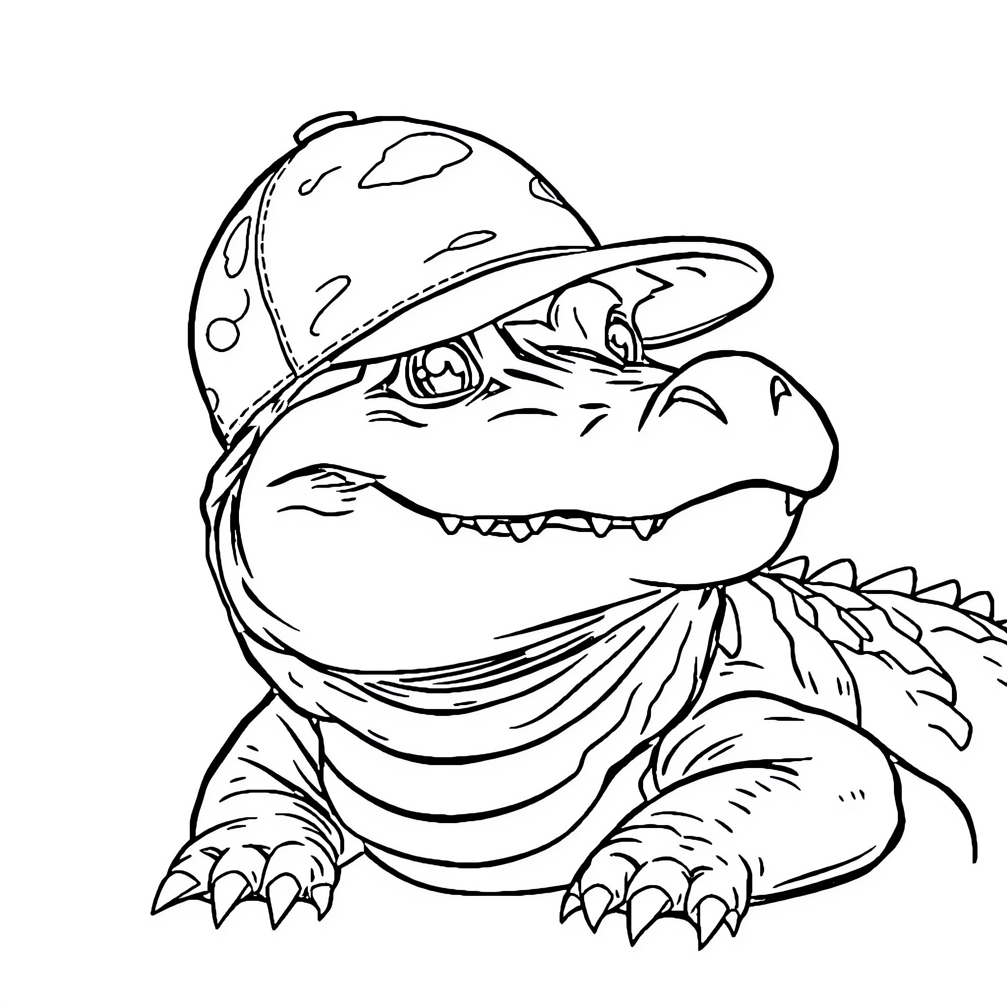 Gator wearing a cap in a playful pose Coloring Page (free black-and-white line drawing printable PDF for all, from beginners to advanced learners, including children, teens, adults, and seniors)