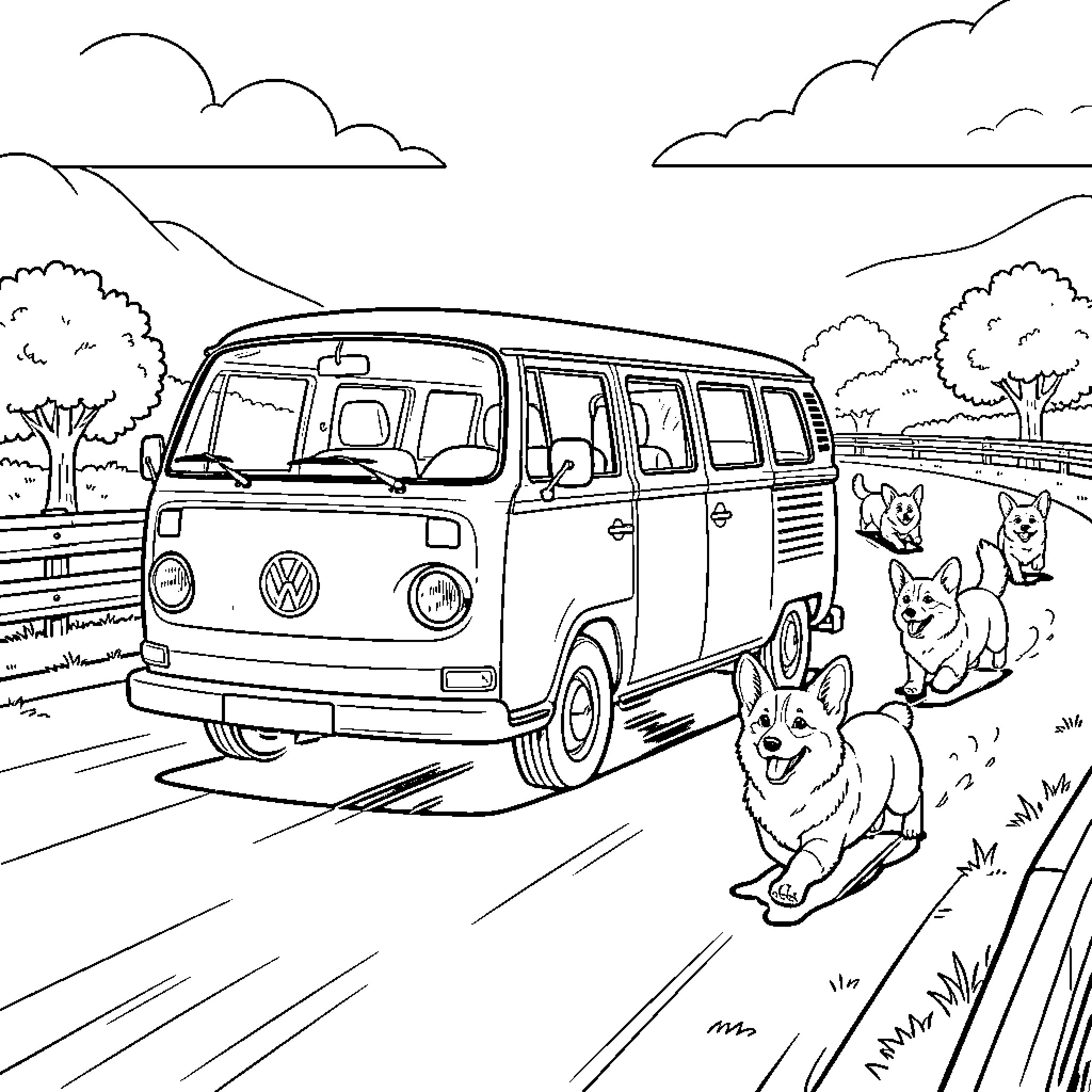 Vw Combi driving along a scenic mountain road Coloring Page (free black-and-white line drawing printable PDF for all, from beginners to advanced learners, including children, teens, adults, and seniors)