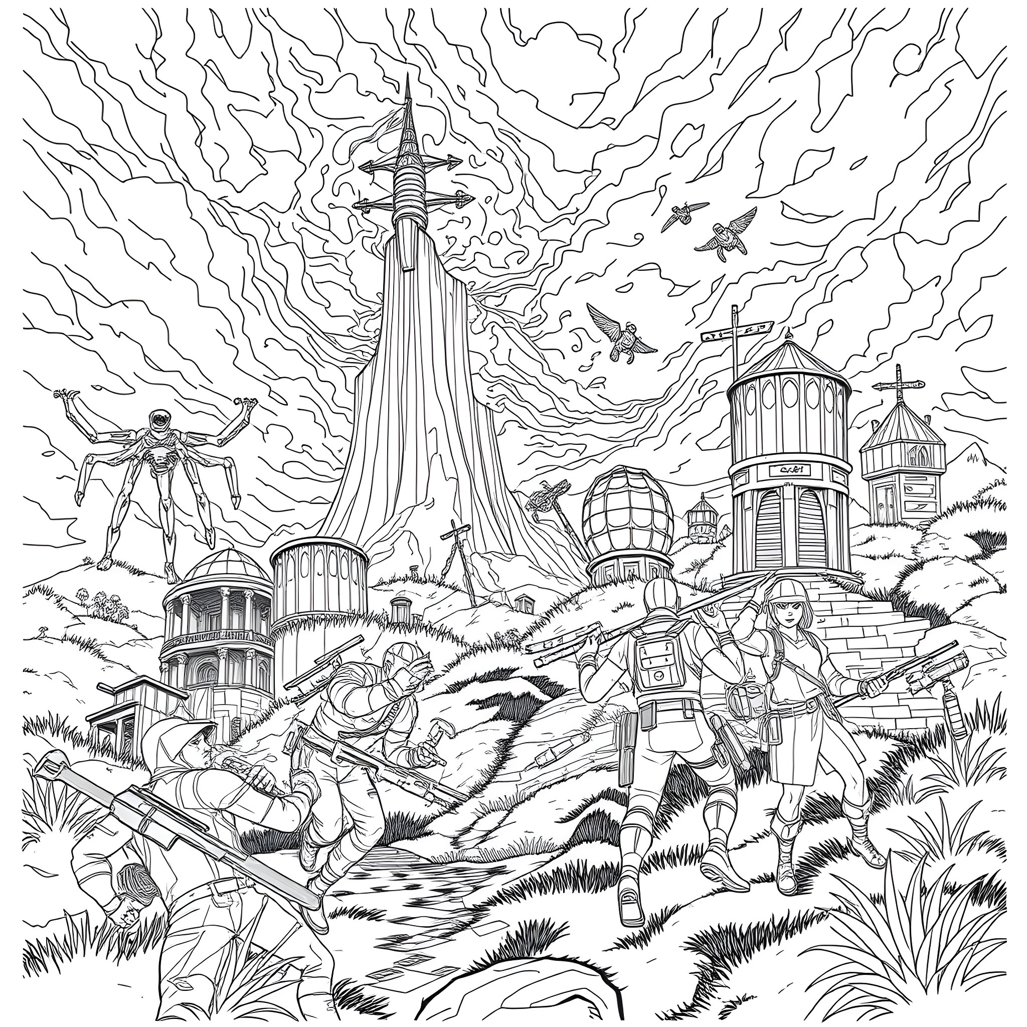 Fortnite Battle Royale in a Fantastical Landscape Coloring Page (free black-and-white line drawing printable PDF for all, from beginners to advanced learners, including children, teens, adults, and seniors)