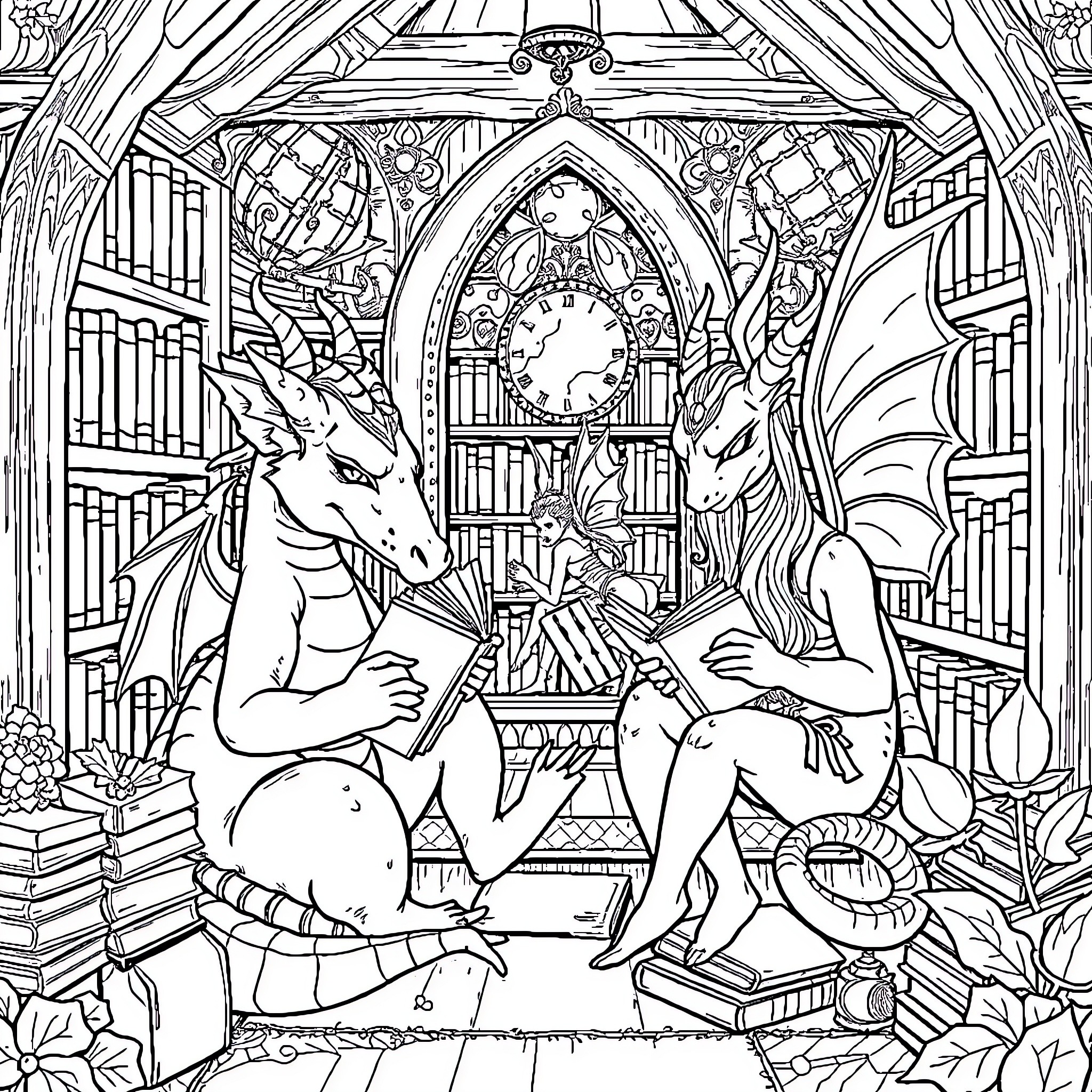 Mythical Creatures Studying in a Fantastical Library Coloring Page (free black-and-white line drawing printable PDF for all, from beginners to advanced learners, including children, teens, adults, and seniors)