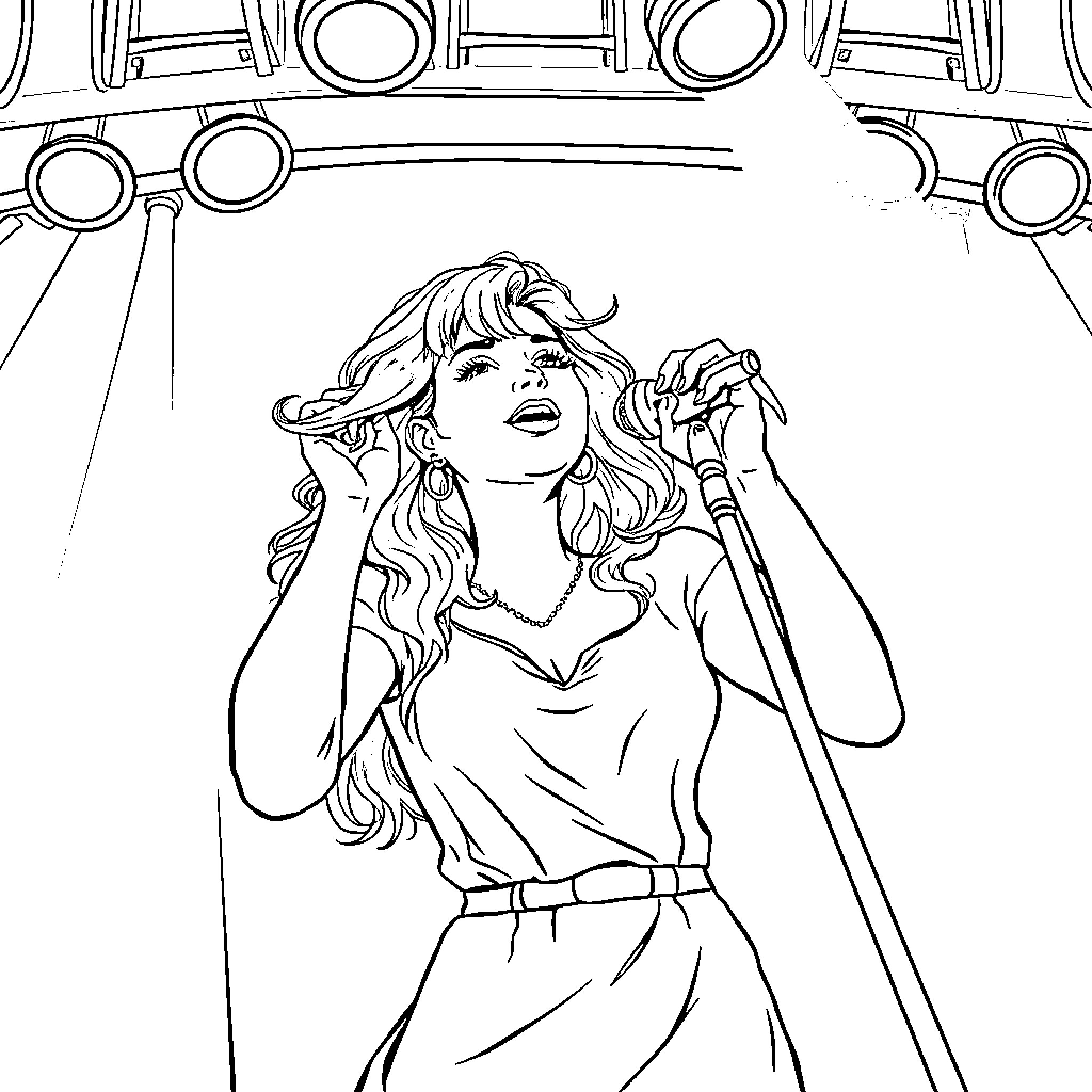 Pink Performer Singing Passionately on Stage Coloring Page (free black-and-white line drawing printable PDF for all, from beginners to advanced learners, including children, teens, adults, and seniors)